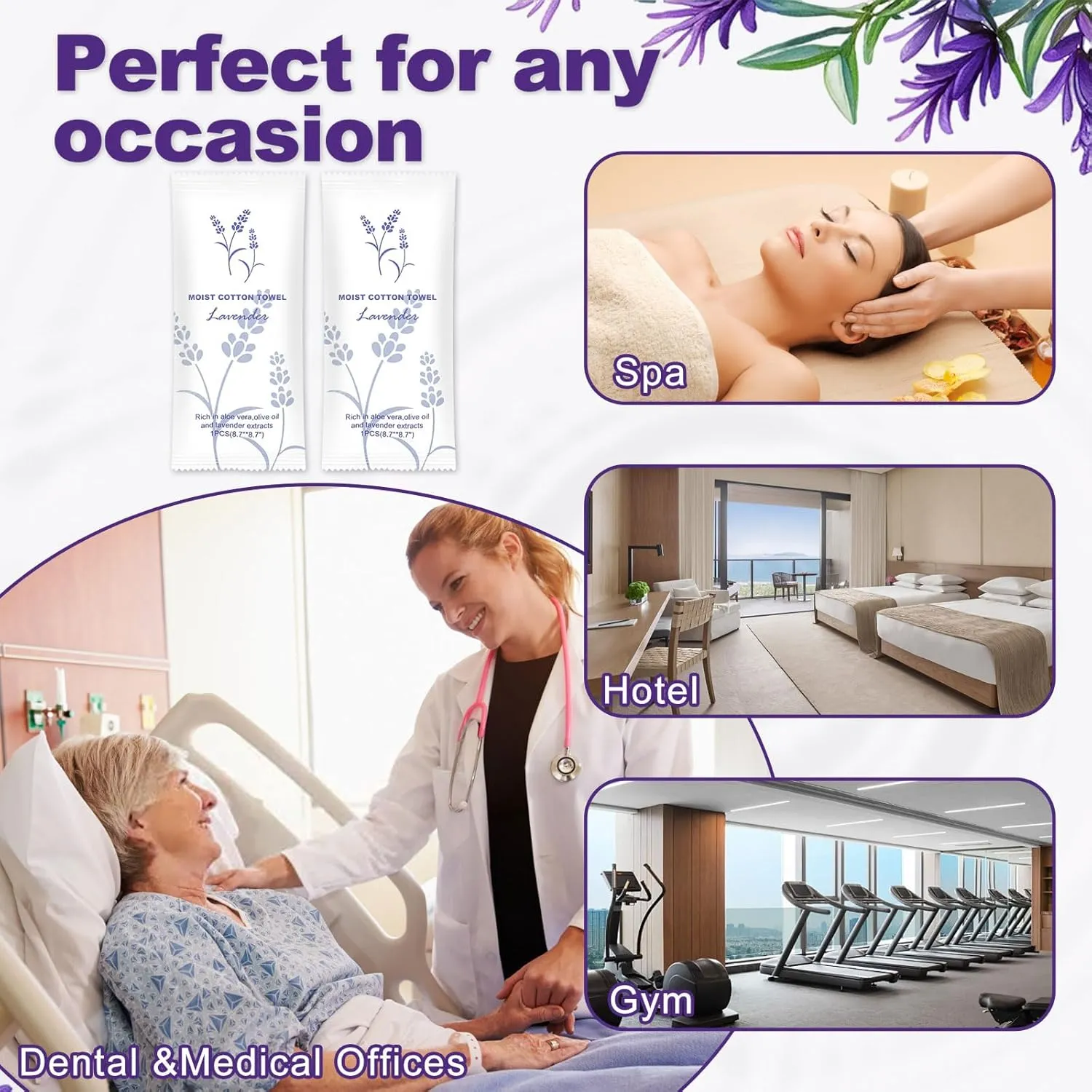 Moist Cotton Towel Bulk Moist Towelettes Individually Wrapped,White Towel Services,Refreshment Pre Moistened Towels for Dentist Travel Sport Party Hotel 100,Lavender