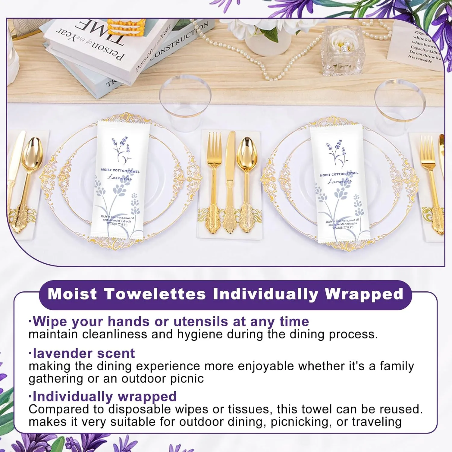 Moist Cotton Towel Bulk Moist Towelettes Individually Wrapped,White Towel Services,Refreshment Pre Moistened Towels for Dentist Travel Sport Party Hotel 100,Lavender