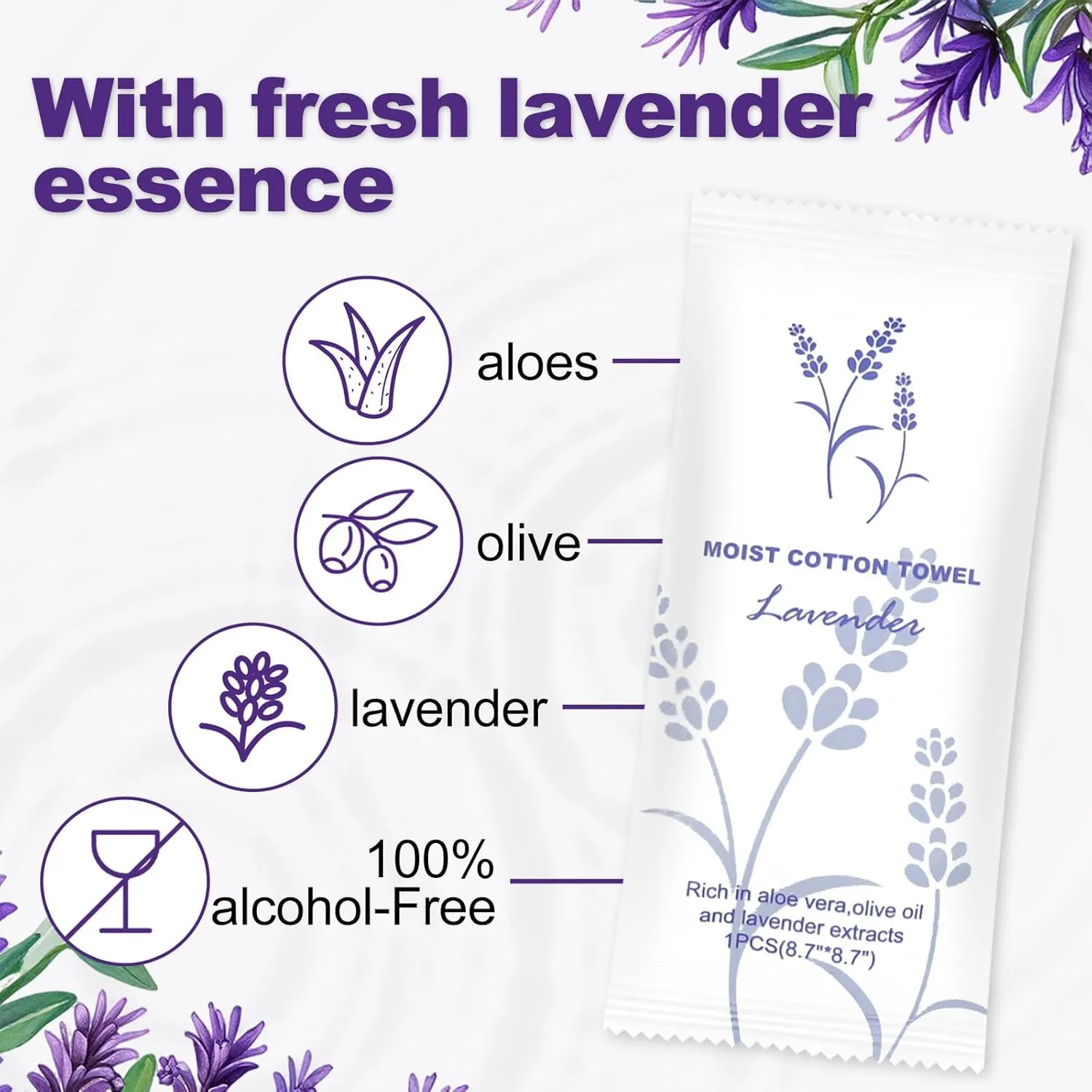 Moist Cotton Towel Bulk Moist Towelettes Individually Wrapped,White Towel Services,Refreshment Pre Moistened Towels for Dentist Travel Sport Party Hotel 100,Lavender