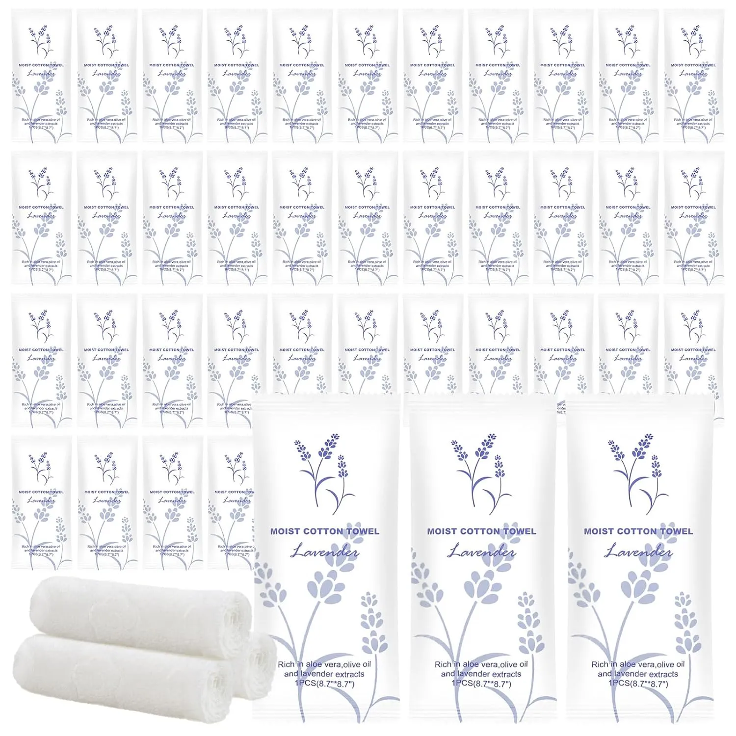 Moist Cotton Towel Bulk Moist Towelettes Individually Wrapped,White Towel Services,Refreshment Pre Moistened Towels for Dentist Travel Sport Party Hotel 100,Lavender