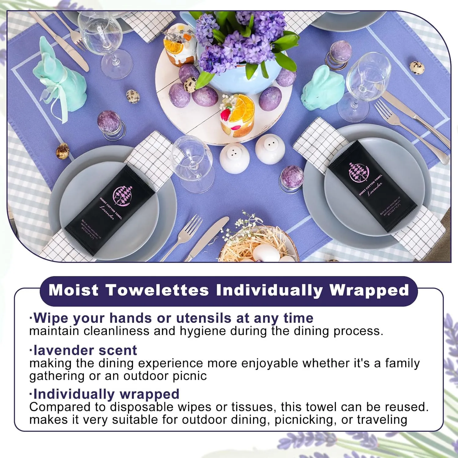 Moist Cotton Towel Bulk Moist Towelettes Individually Wrapped,White Towel Services,Refreshment Pre Moistened Towels for Dentist Travel Sport Party Hotel （Lavender,50)