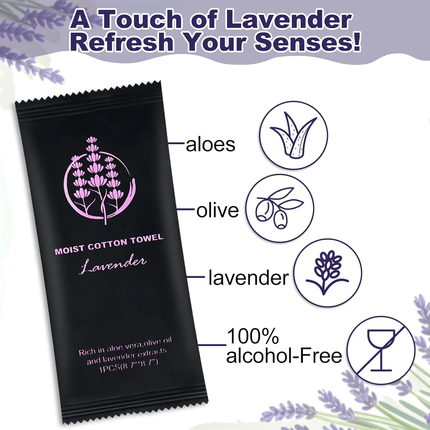 Moist Cotton Towel Bulk Moist Towelettes Individually Wrapped,White Towel Services,Refreshment Pre Moistened Towels for Dentist Travel Sport Party Hotel （Lavender,50)
