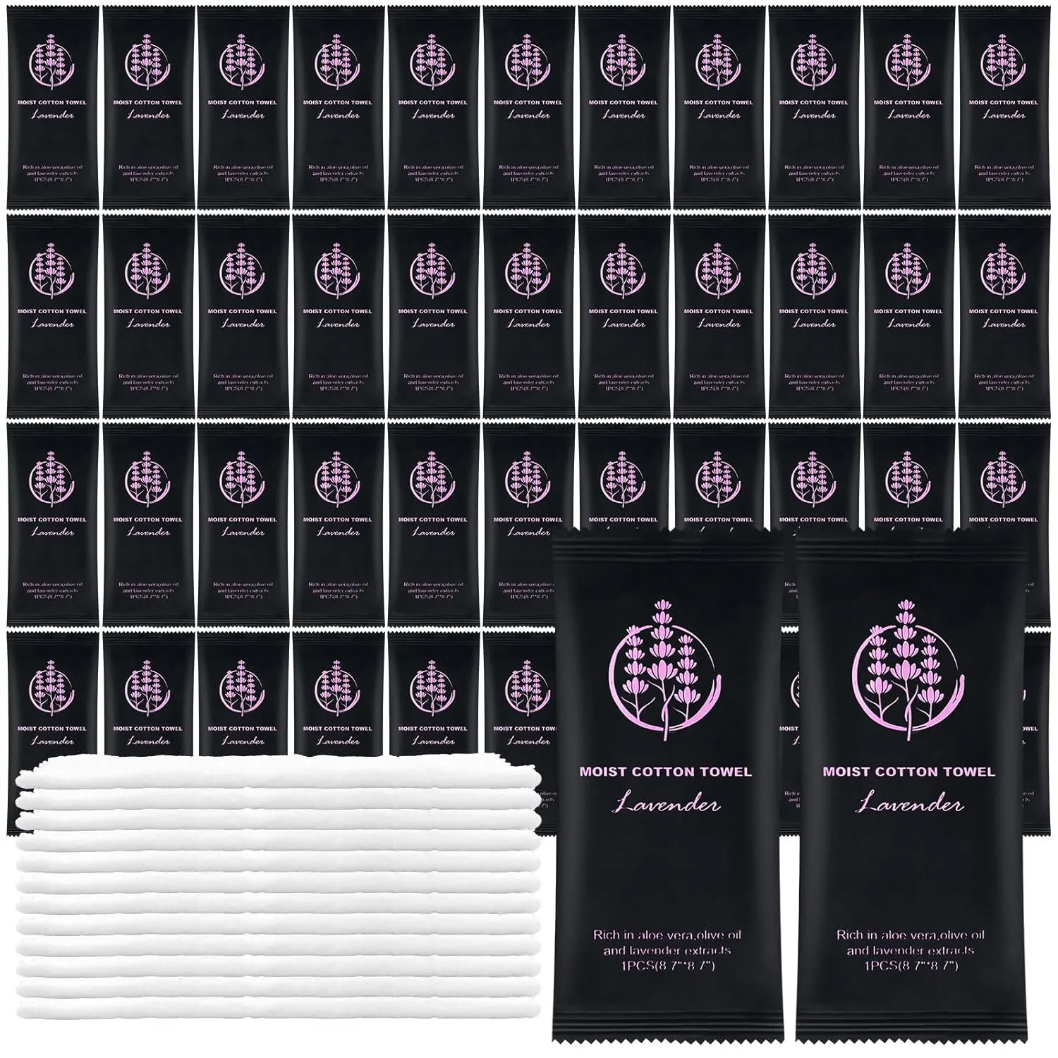 Moist Cotton Towel Bulk Moist Towelettes Individually Wrapped,White Towel Services,Refreshment Pre Moistened Towels for Dentist Travel Sport Party Hotel （Lavender,50)