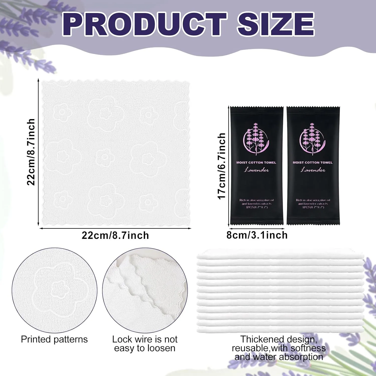 Moist Cotton Towel Bulk Moist Towelettes Individually Wrapped,White Towel Services,Refreshment Pre Moistened Towels for Dentist Travel Sport Party Hotel （Lavender,50)