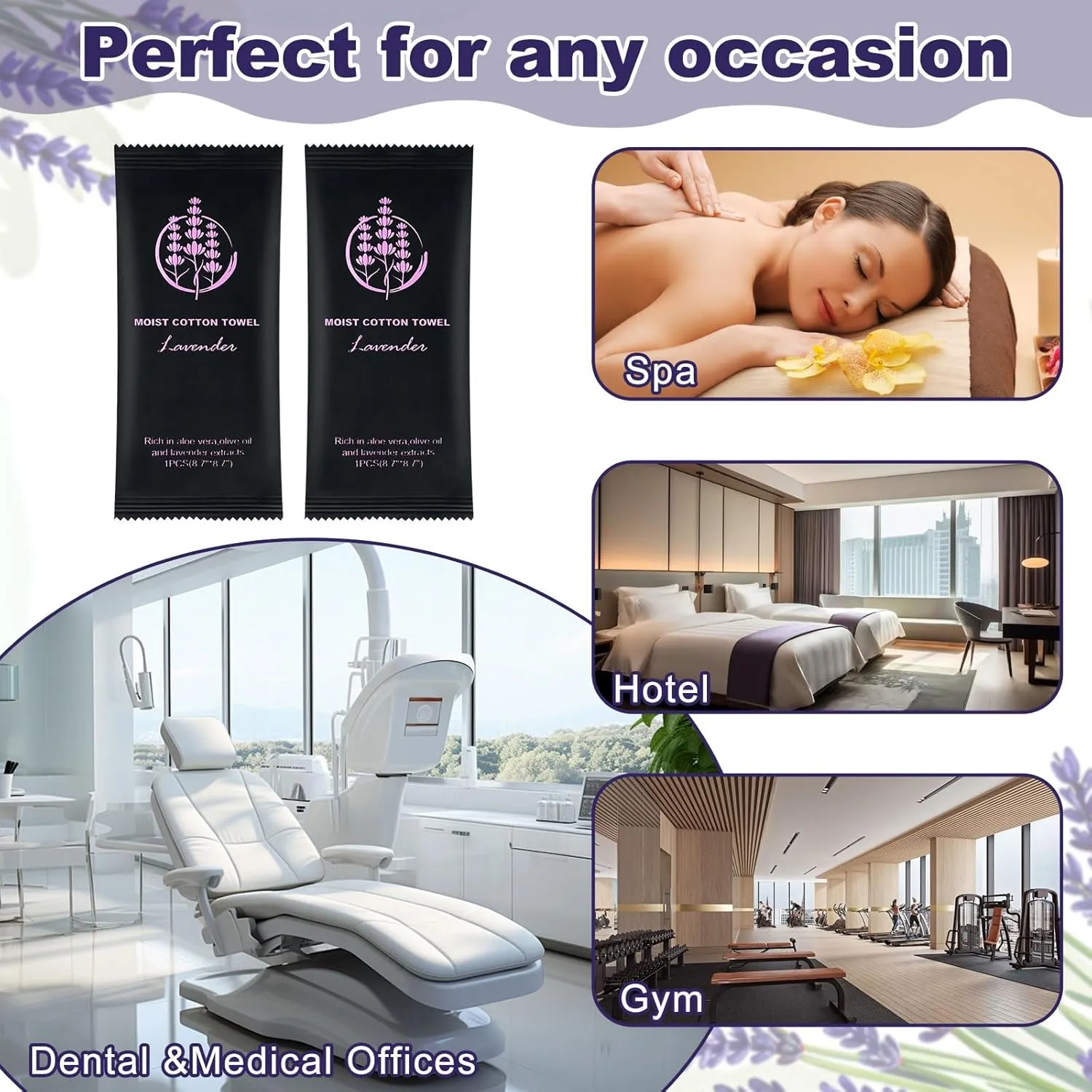 Moist Cotton Towel Bulk Moist Towelettes Individually Wrapped,White Towel Services,Refreshment Pre Moistened Towels for Dentist Travel Sport Party Hotel （Lavender,50)