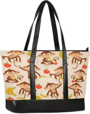 Monkey Apples Bananas Laptop Tote Bag for Women Lightweight Work Purse with Multiple Compartments Fits 13-15.6 Inch Laptop Tablet Shoulder Bag for Office Travel Daily Use