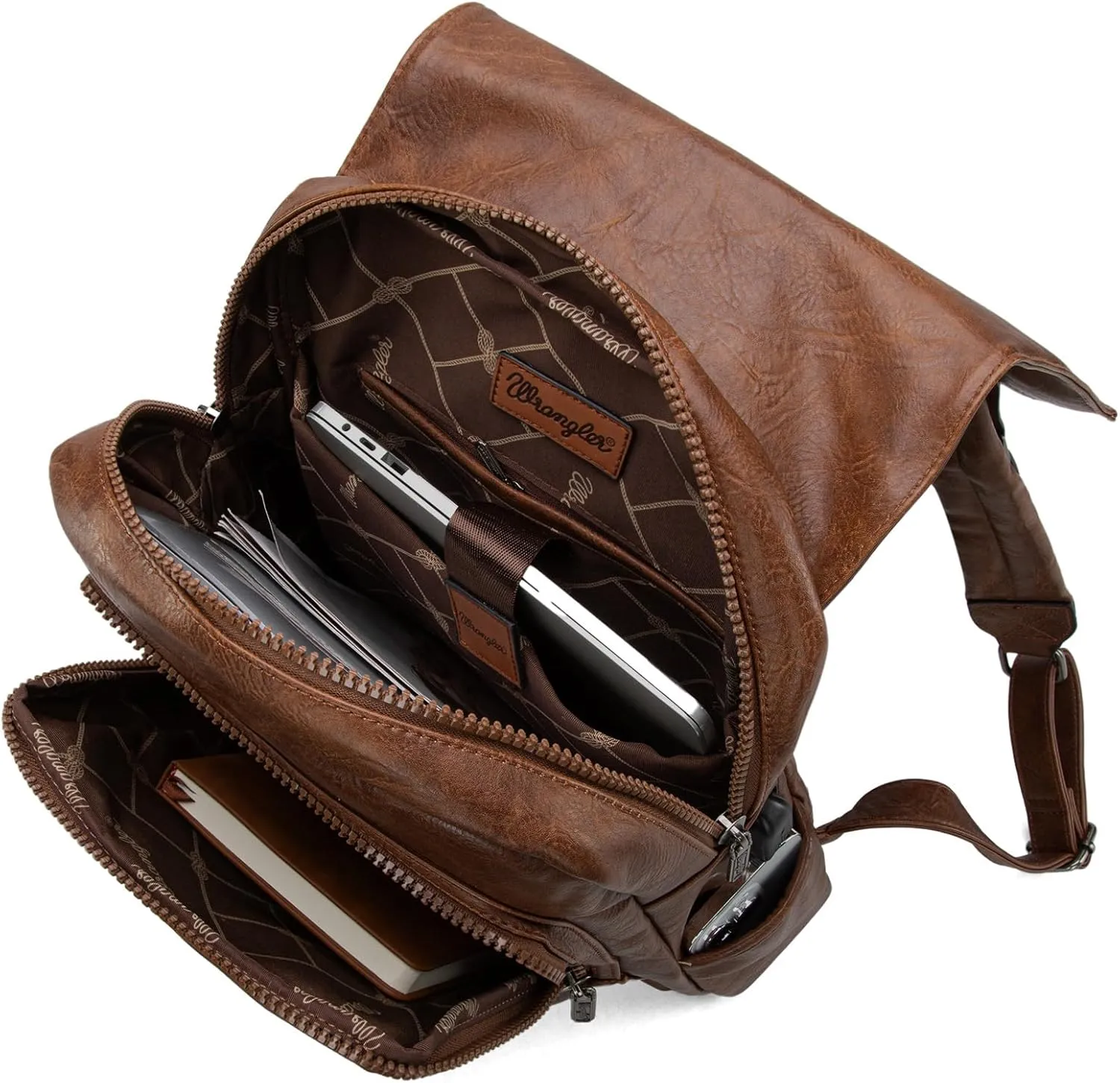 Montana West × Wrangler Brown Leather Laptop Backpack for Women Men Unisex Fashion Backpack Purse
