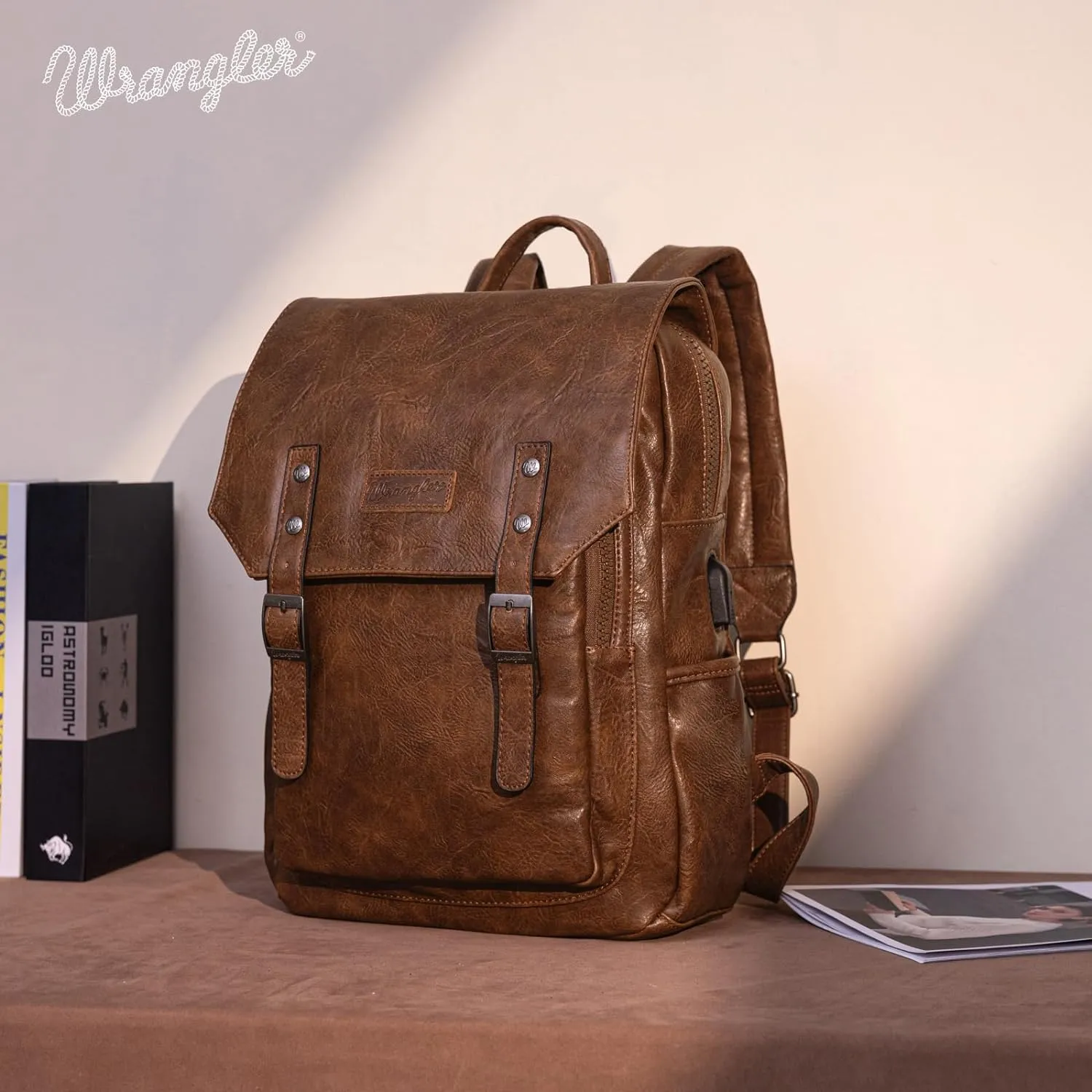 Montana West × Wrangler Brown Leather Laptop Backpack for Women Men Unisex Fashion Backpack Purse