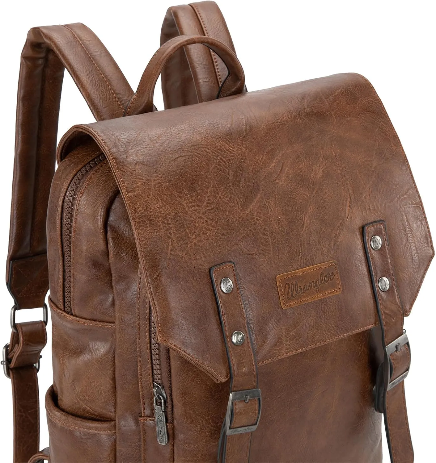 Montana West × Wrangler Brown Leather Laptop Backpack for Women Men Unisex Fashion Backpack Purse