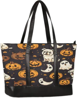 Moon Pumpkin Lamp Dog Laptop Tote Bag for Women Lightweight Work Purse with Multiple Compartments Fits 13-15.6 Inch Laptop Tablet Shoulder Bag for Office Travel Daily Use