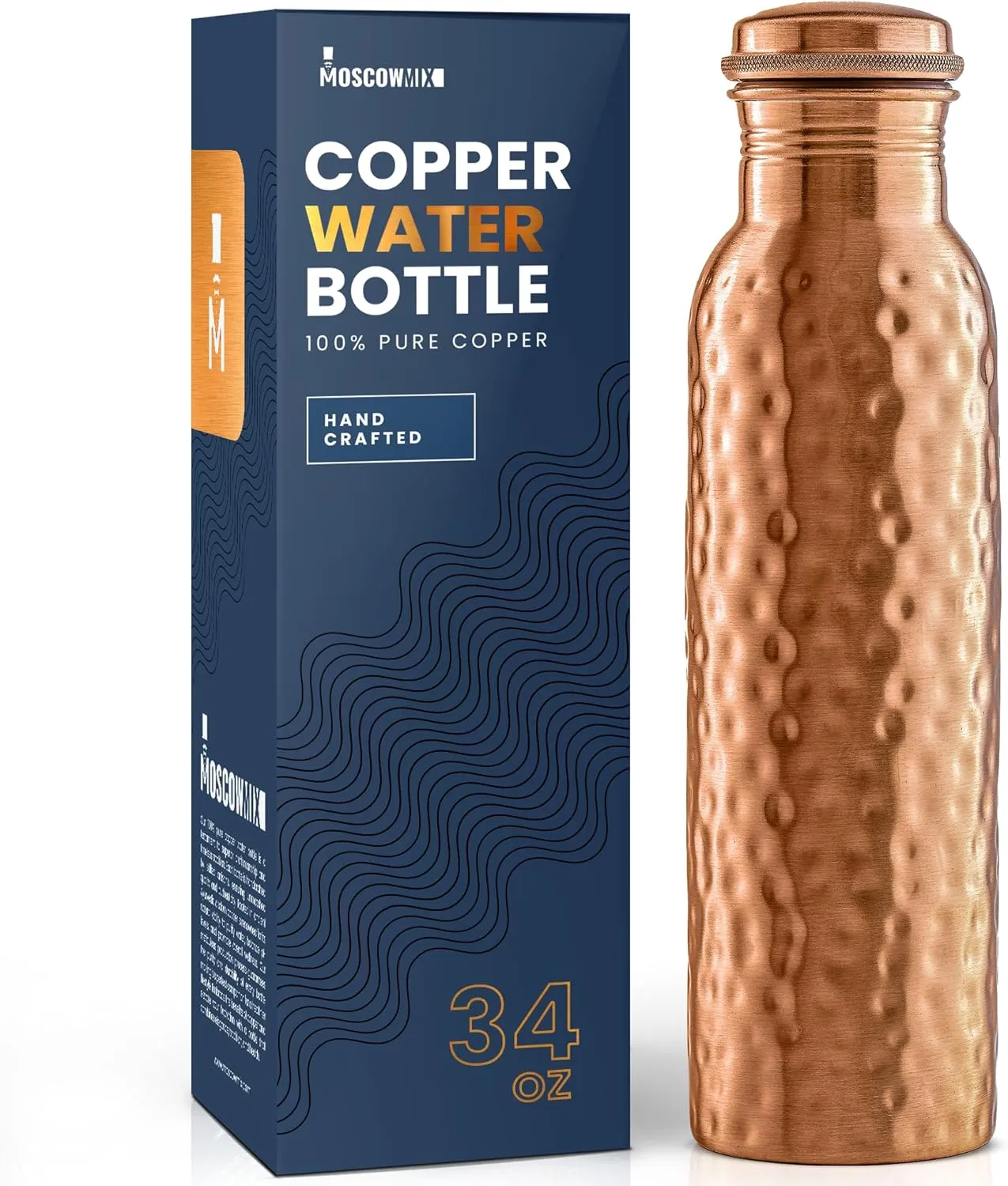Moscow-Mix Pure Copper Water Bottle for Drinking 34 oz Large - Ayurvedic Copper Water Bottle, Leak Proof Lid, 100% Copper Drinking Water Bottle - Handcrafted Hammered Copper Bottle Water Vessel