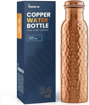 Moscow-Mix Pure Copper Water Bottle for Drinking 34 oz Large - Ayurvedic Copper Water Bottle, Leak Proof Lid, 100% Copper Drinking Water Bottle - Handcrafted Hammered Copper Bottle Water Vessel