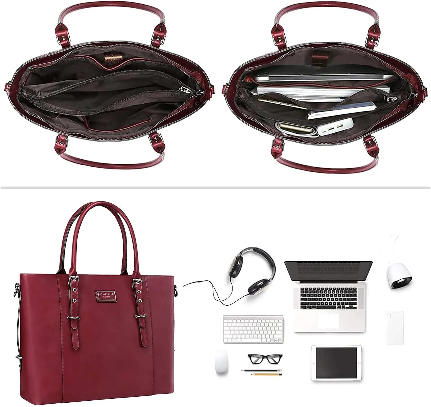 MOSISO PU Leather Laptop Tote Bag for Women (15-16 inch), Waterproof Large Capacity Business Work Briefcase Shoulder Laptop Bag, Wine Red