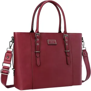 MOSISO PU Leather Laptop Tote Bag for Women (15-16 inch), Waterproof Large Capacity Business Work Briefcase Shoulder Laptop Bag, Wine Red
