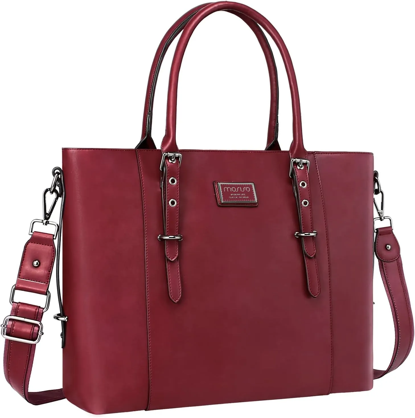 MOSISO PU Leather Laptop Tote Bag for Women (15-16 inch), Waterproof Large Capacity Business Work Briefcase Shoulder Laptop Bag, Wine Red