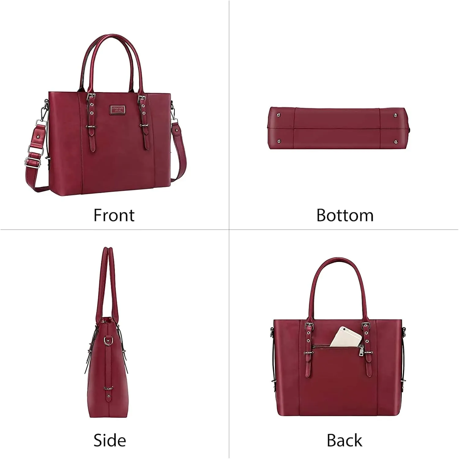MOSISO PU Leather Laptop Tote Bag for Women (15-16 inch), Waterproof Large Capacity Business Work Briefcase Shoulder Laptop Bag, Wine Red