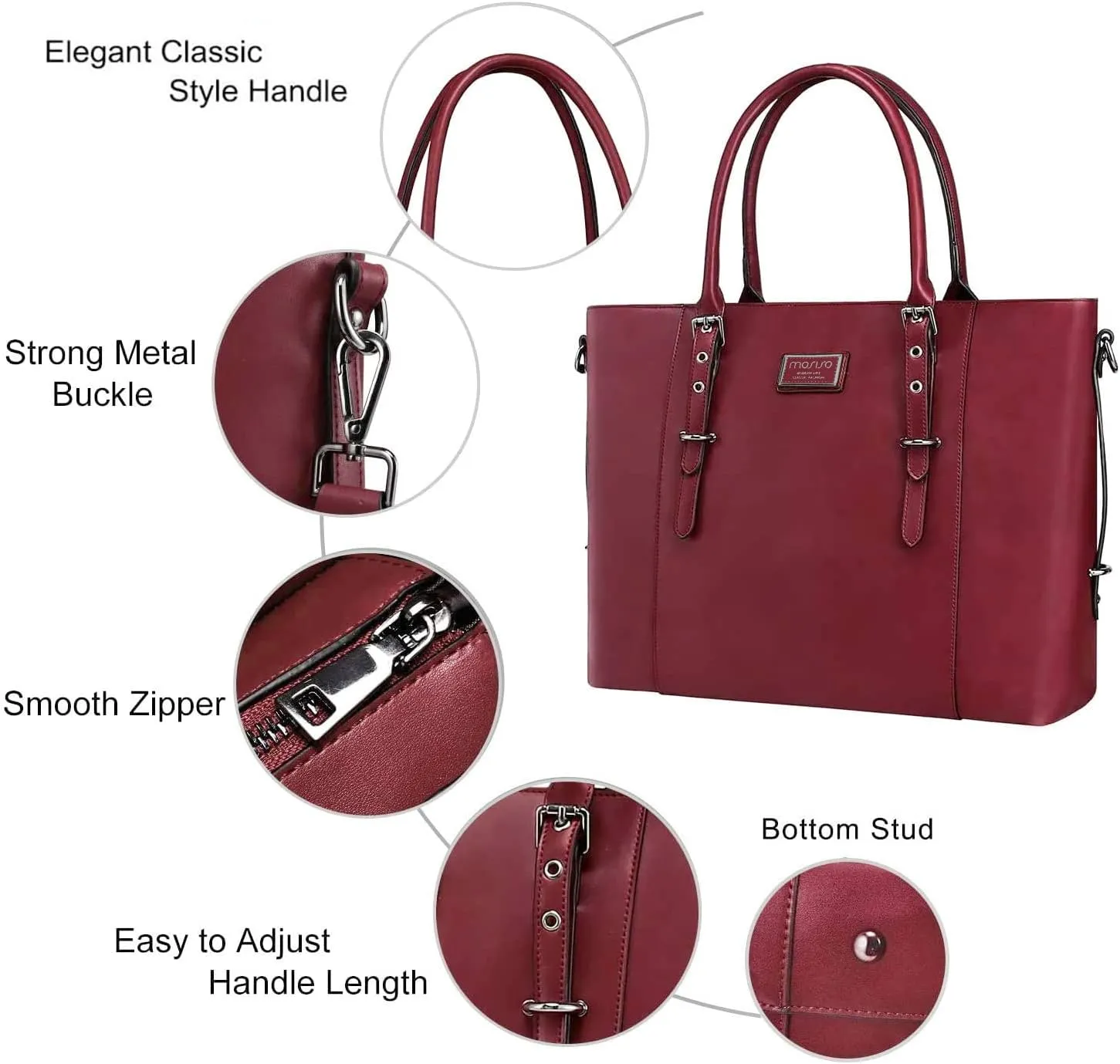 MOSISO PU Leather Laptop Tote Bag for Women (15-16 inch), Waterproof Large Capacity Business Work Briefcase Shoulder Laptop Bag, Wine Red