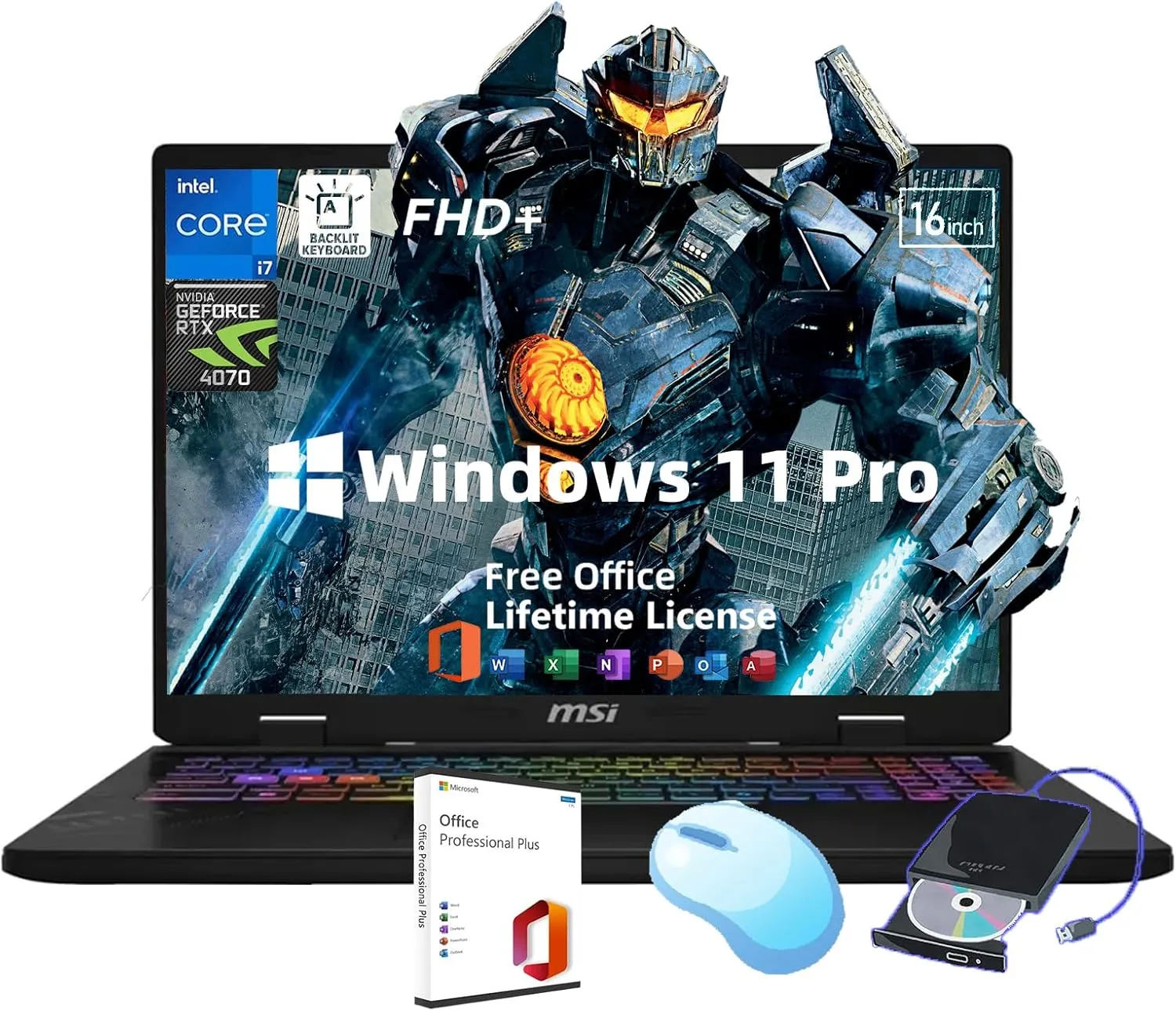 MSI Crosshair Gaming Laptop - 16" FHD (1920 x 1200) Display, Intel i7 14650HX (16 core), NVIDIA RTX 4070, Micorsoft Office Lifetime & External DVD Drive, Backlit KB, Win 11 Pro, (64 GB RAM,1 TB SSD)