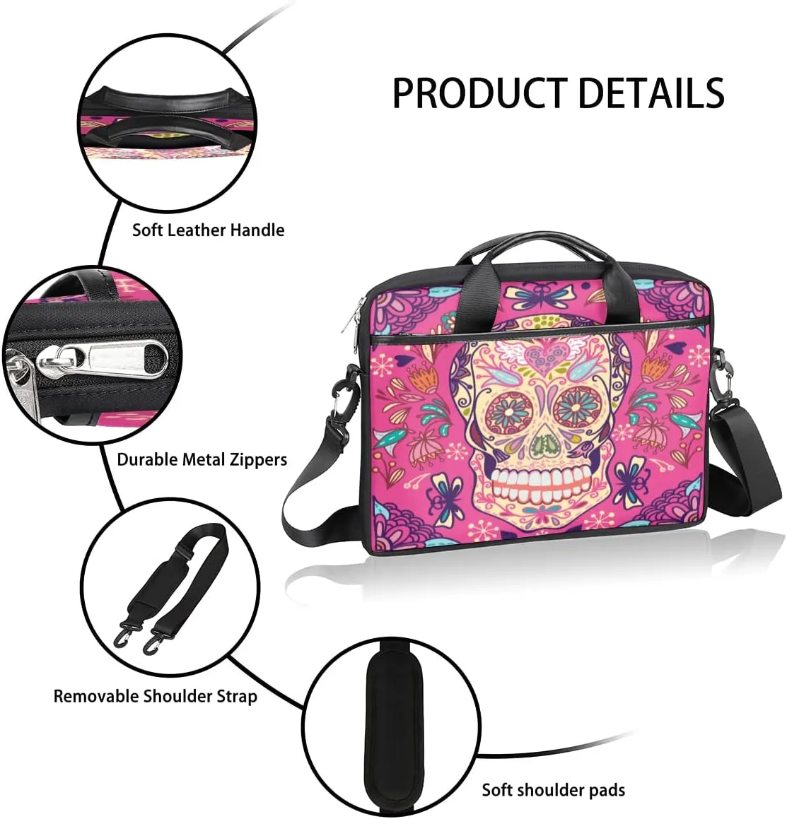 Muertos Skull Laptop Shoulder Messenger Bag Waterproof Laptop Briefcase Handle Padded Strap