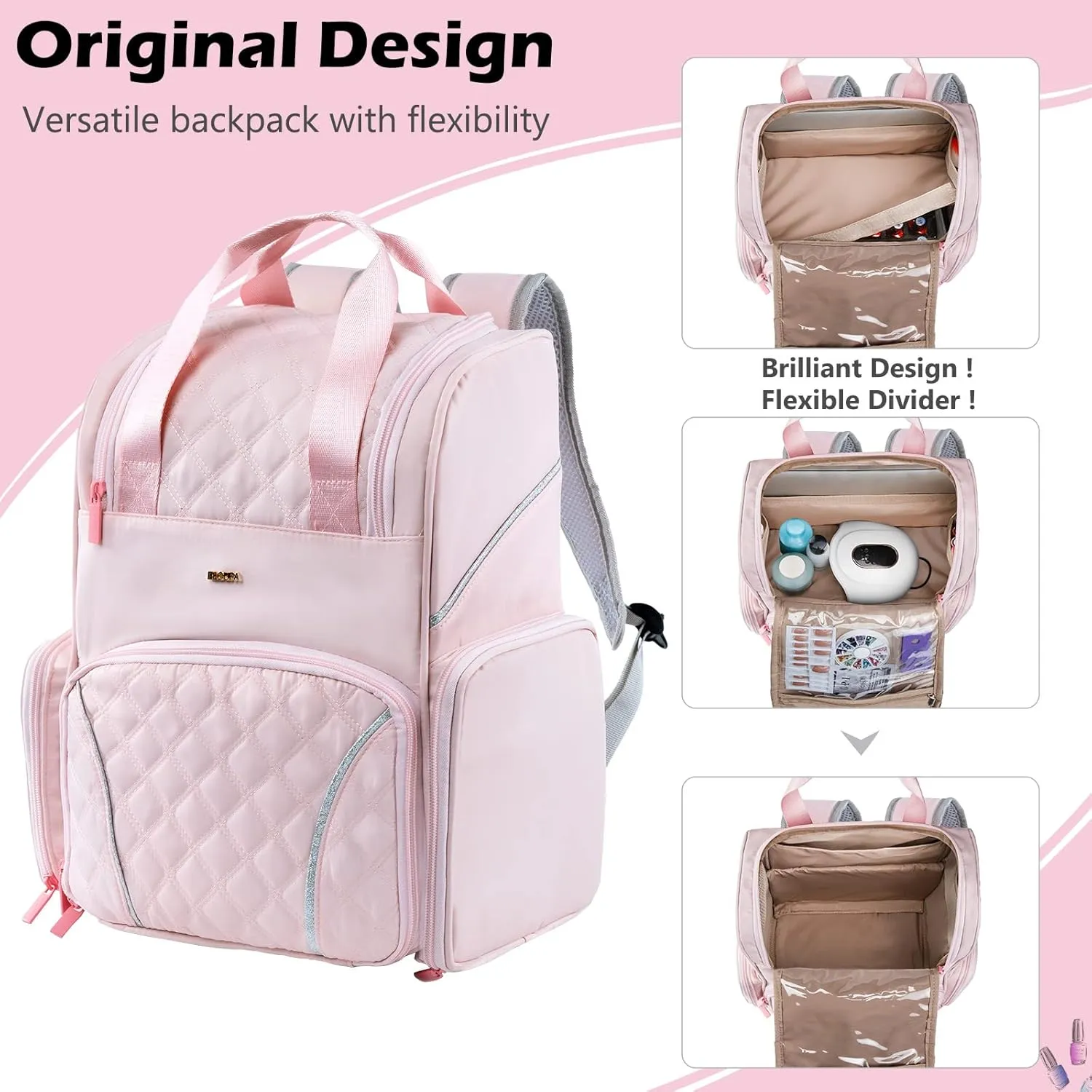Nail Polish Organizer Backpack Holds 48 Bottles (0.5 Fl Oz) and a Nail Dryer, Nail Polish Storage Bag With 2 Removable Boxes for Nail Suppliers,Nail Kit, Gel Polish