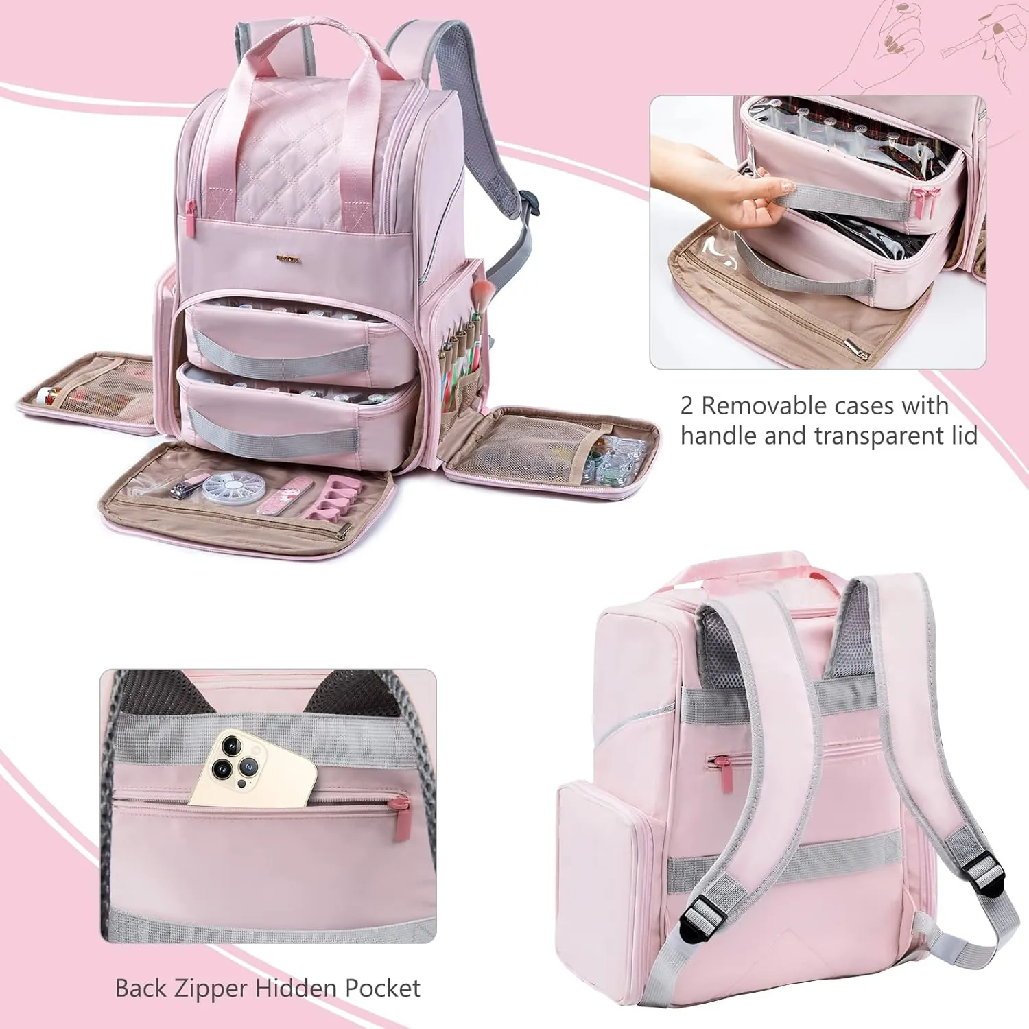 Nail Polish Organizer Backpack Holds 48 Bottles (0.5 Fl Oz) and a Nail Dryer, Nail Polish Storage Bag With 2 Removable Boxes for Nail Suppliers,Nail Kit, Gel Polish
