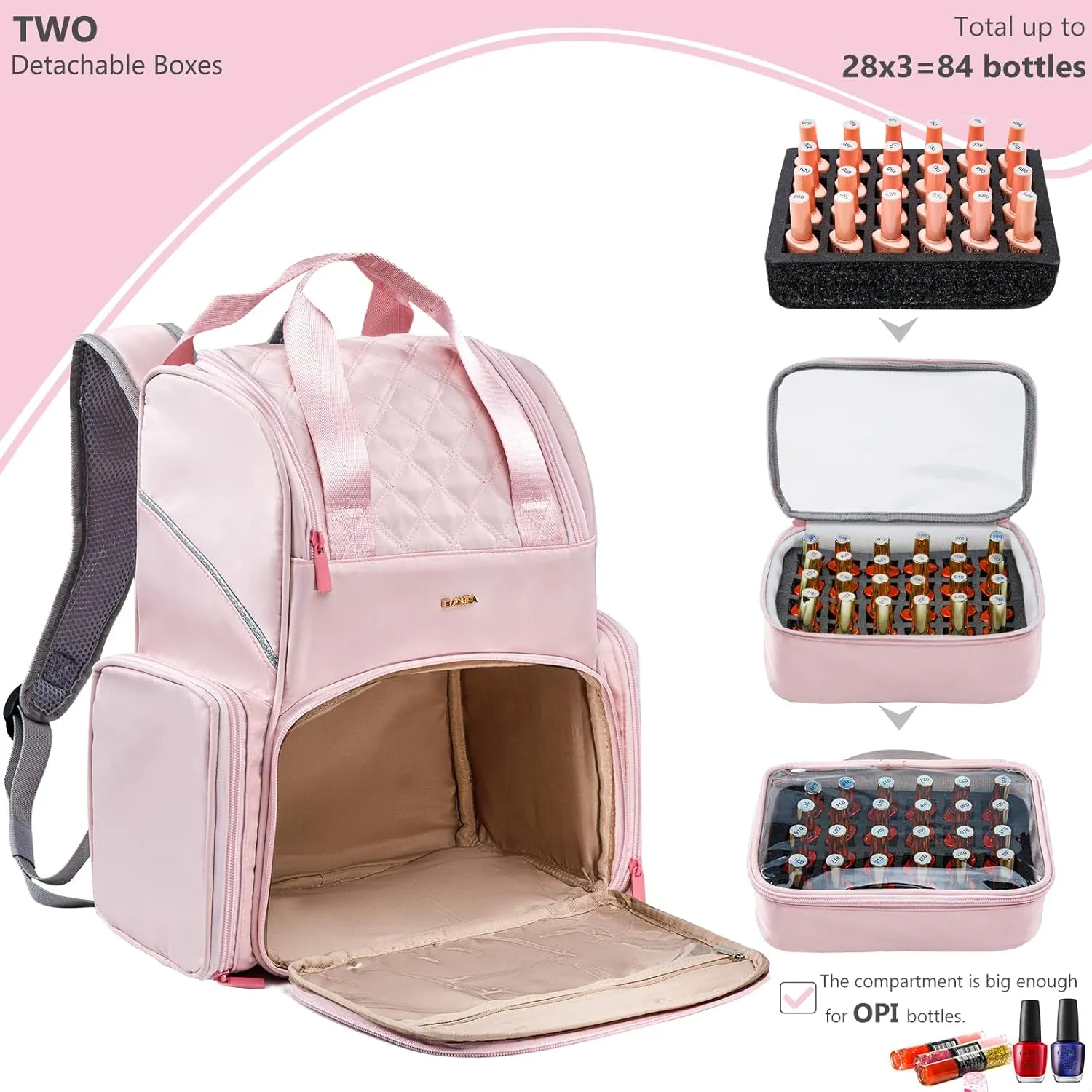 Nail Polish Organizer Backpack Holds 48 Bottles (0.5 Fl Oz) and a Nail Dryer, Nail Polish Storage Bag With 2 Removable Boxes for Nail Suppliers,Nail Kit, Gel Polish