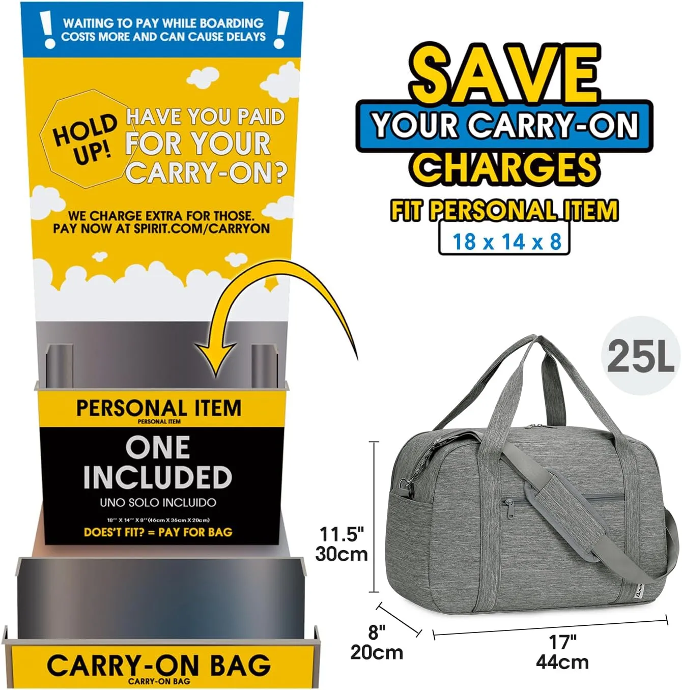 Narwey 18" Carry on Bag with Laptop Compartment 15.6 Inch Travel Duffel Bag for Spirit Airlines Personal Item Bag Overnight Weekender Bag with Wet Pocket for Women and Men (Grey)
