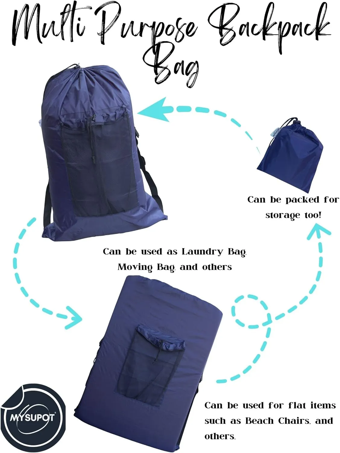 NAVY BLUE (Large 36"x24"x6") Beach Chair Bag. For Lawn Chair, Recliner, Director Chair, Camping Chair, Booster Car Seat, Laundry. 420D Polyester Backpack w/Adjustable Straps & Mesh Pocket