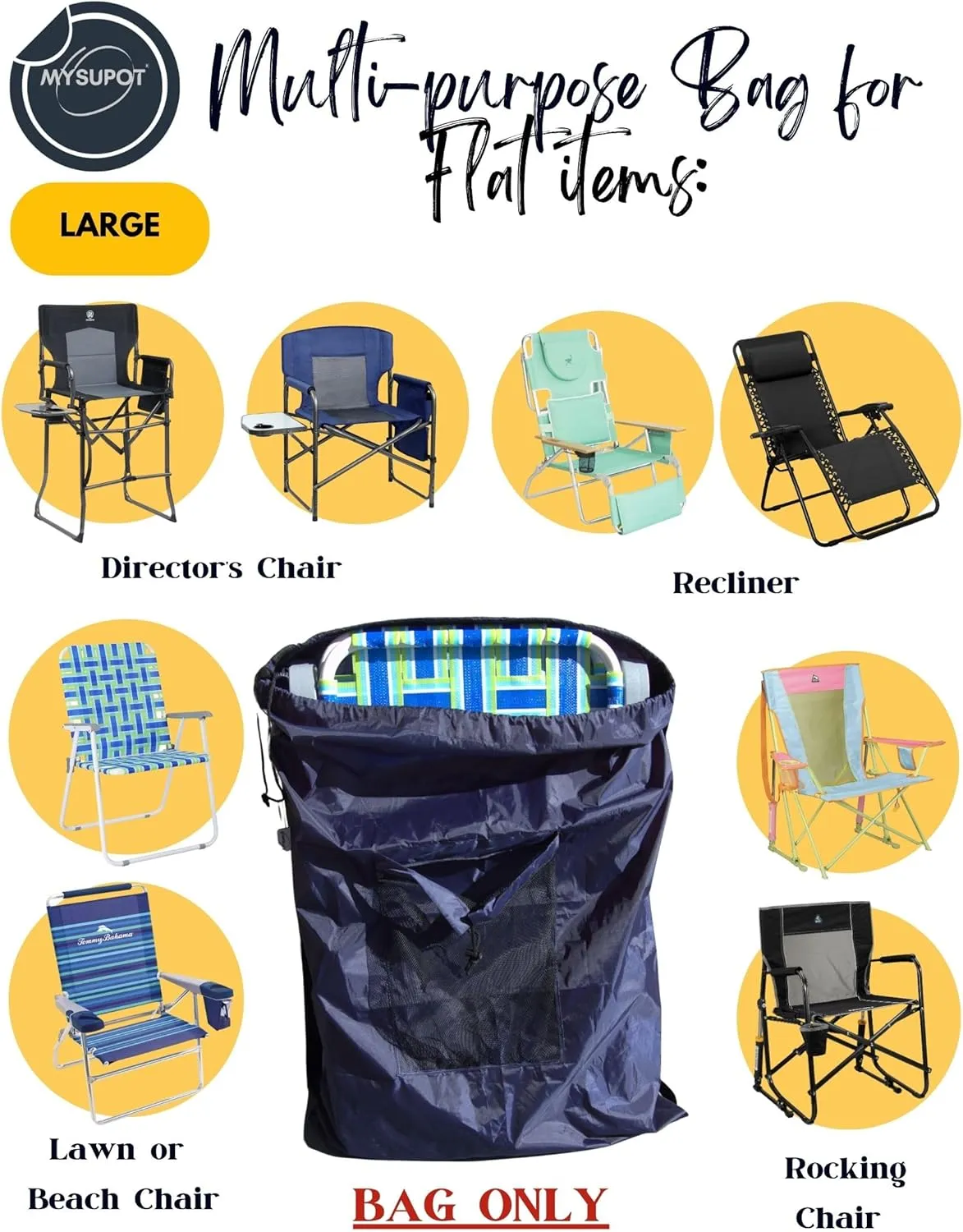 NAVY BLUE (Large 36"x24"x6") Beach Chair Bag. For Lawn Chair, Recliner, Director Chair, Camping Chair, Booster Car Seat, Laundry. 420D Polyester Backpack w/Adjustable Straps & Mesh Pocket
