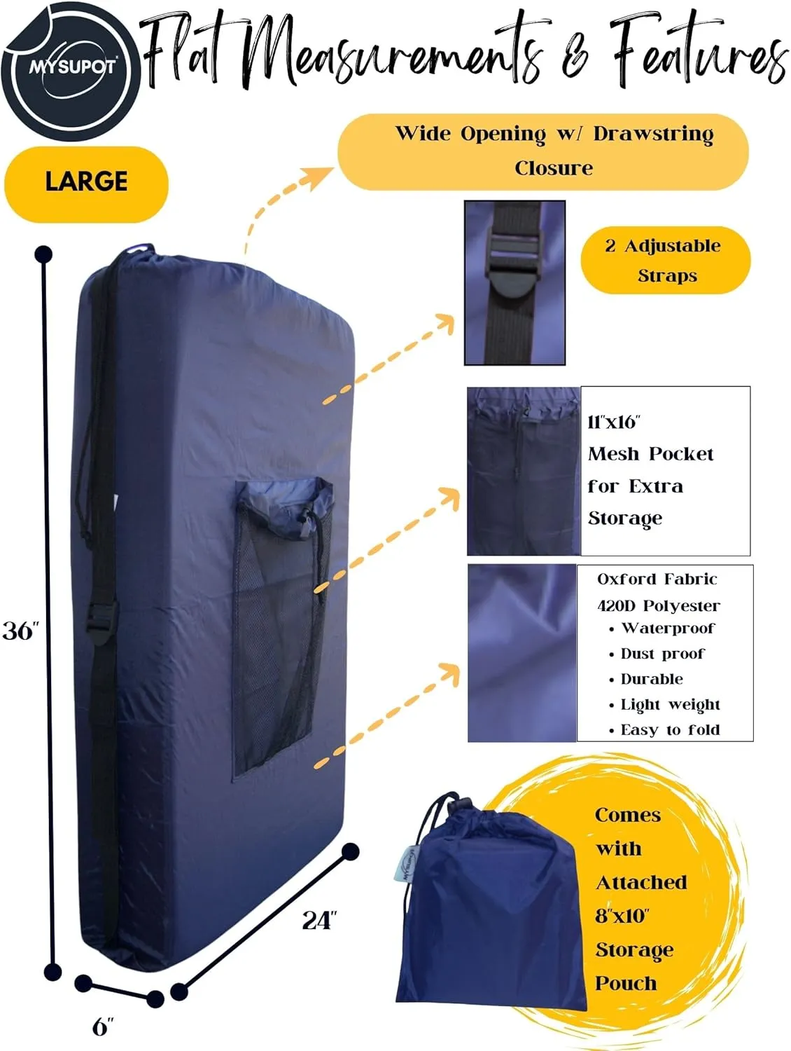 NAVY BLUE (Large 36"x24"x6") Beach Chair Bag. For Lawn Chair, Recliner, Director Chair, Camping Chair, Booster Car Seat, Laundry. 420D Polyester Backpack w/Adjustable Straps & Mesh Pocket