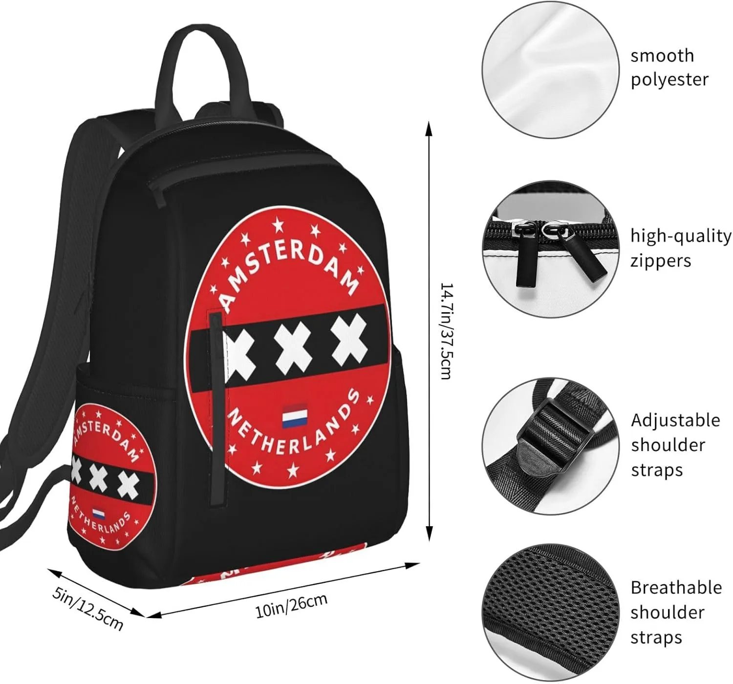 Netherlands Amsterdam Flag Circle Casual Backpacks Large Capacity Laptop Backpack Sports Rucksack Travel Daypack Adjustable Shoulder Strap Work Bag for Outdoor Camping