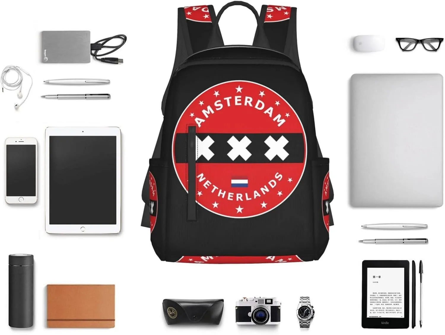 Netherlands Amsterdam Flag Circle Casual Backpacks Large Capacity Laptop Backpack Sports Rucksack Travel Daypack Adjustable Shoulder Strap Work Bag for Outdoor Camping