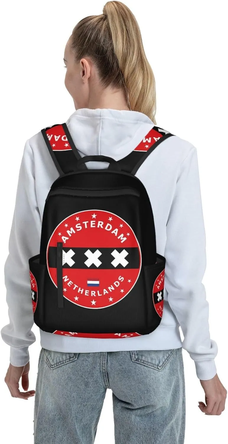 Netherlands Amsterdam Flag Circle Casual Backpacks Large Capacity Laptop Backpack Sports Rucksack Travel Daypack Adjustable Shoulder Strap Work Bag for Outdoor Camping