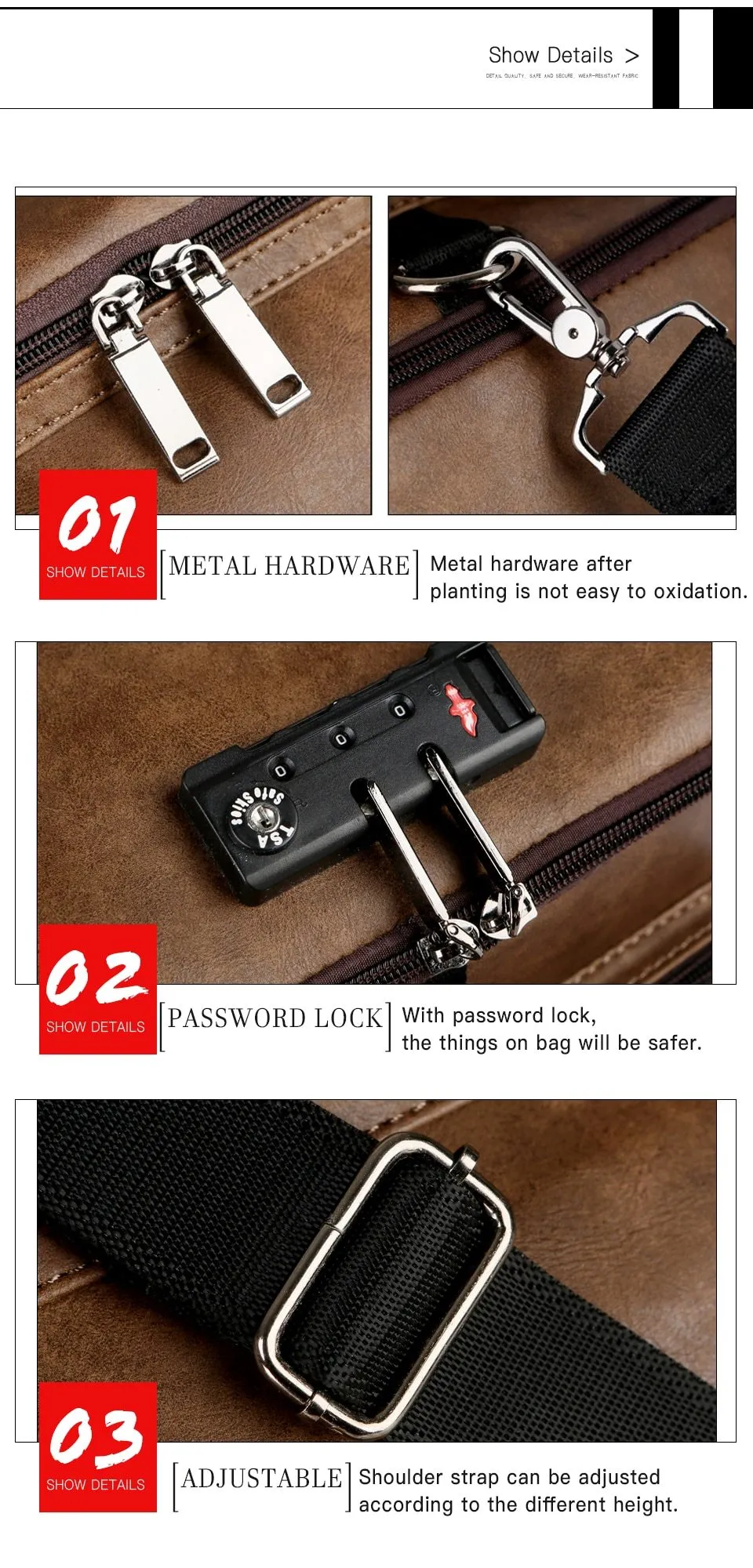 New Anti-theft Leather Man Backpack with Password Lock and USB Charging Port