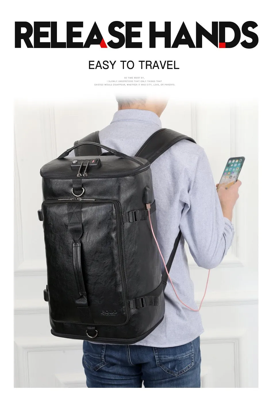 New Anti-theft Leather Man Backpack with Password Lock and USB Charging Port