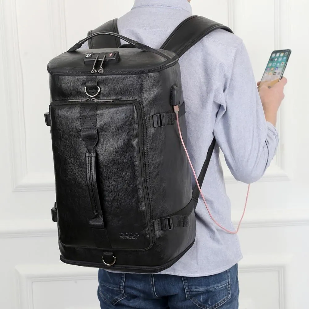 New Anti-theft Leather Man Backpack with Password Lock and USB Charging Port