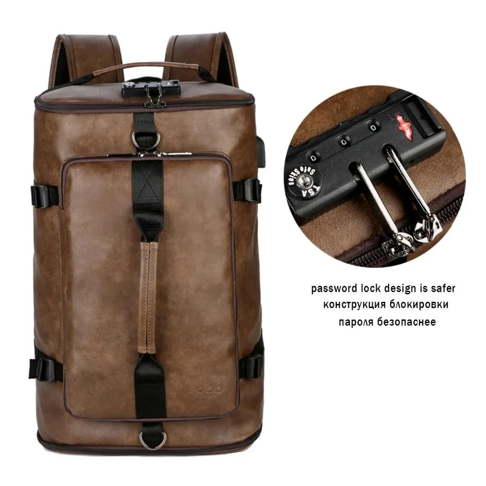 New Anti-theft Leather Man Backpack with Password Lock and USB Charging Port