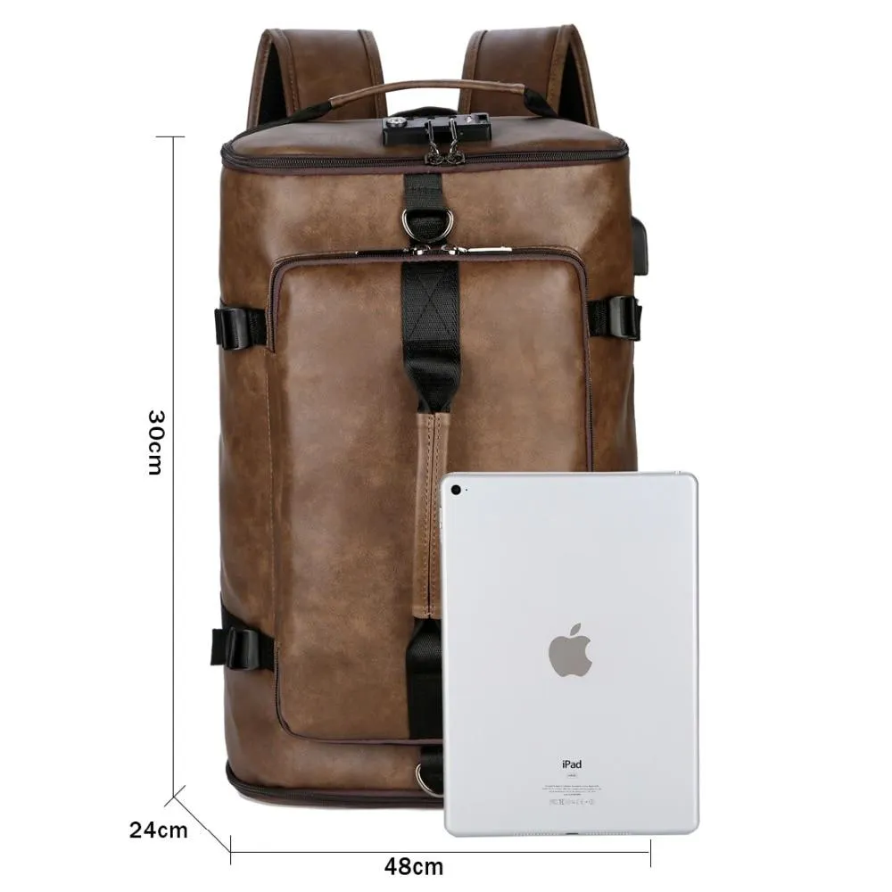 New Anti-theft Leather Man Backpack with Password Lock and USB Charging Port