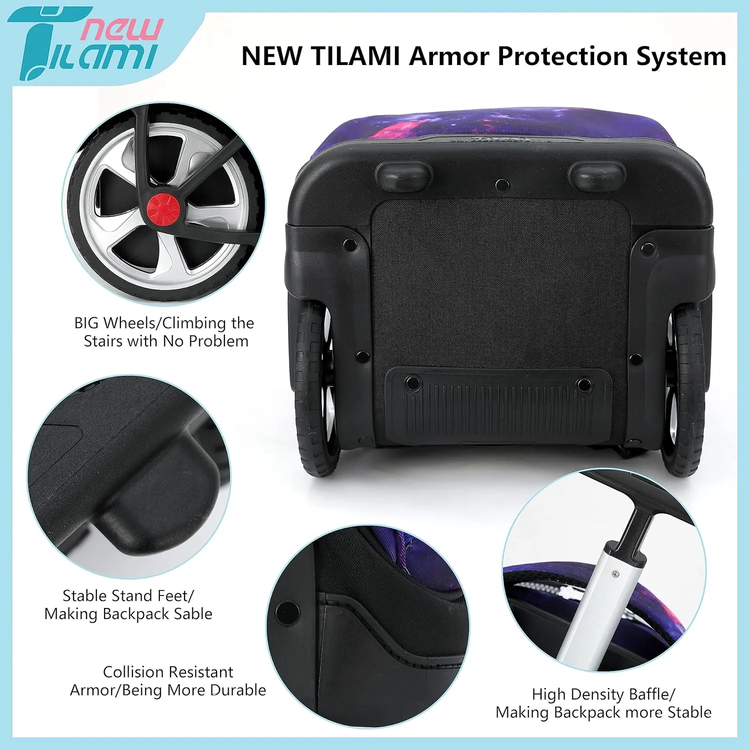 NEW TILAMI Rolling Backpack 19 inch Teens Rolling Backpack Cute Wheeled Computer Laptop Backpack Bookbag Roller Travel Bag College, Starry Purple