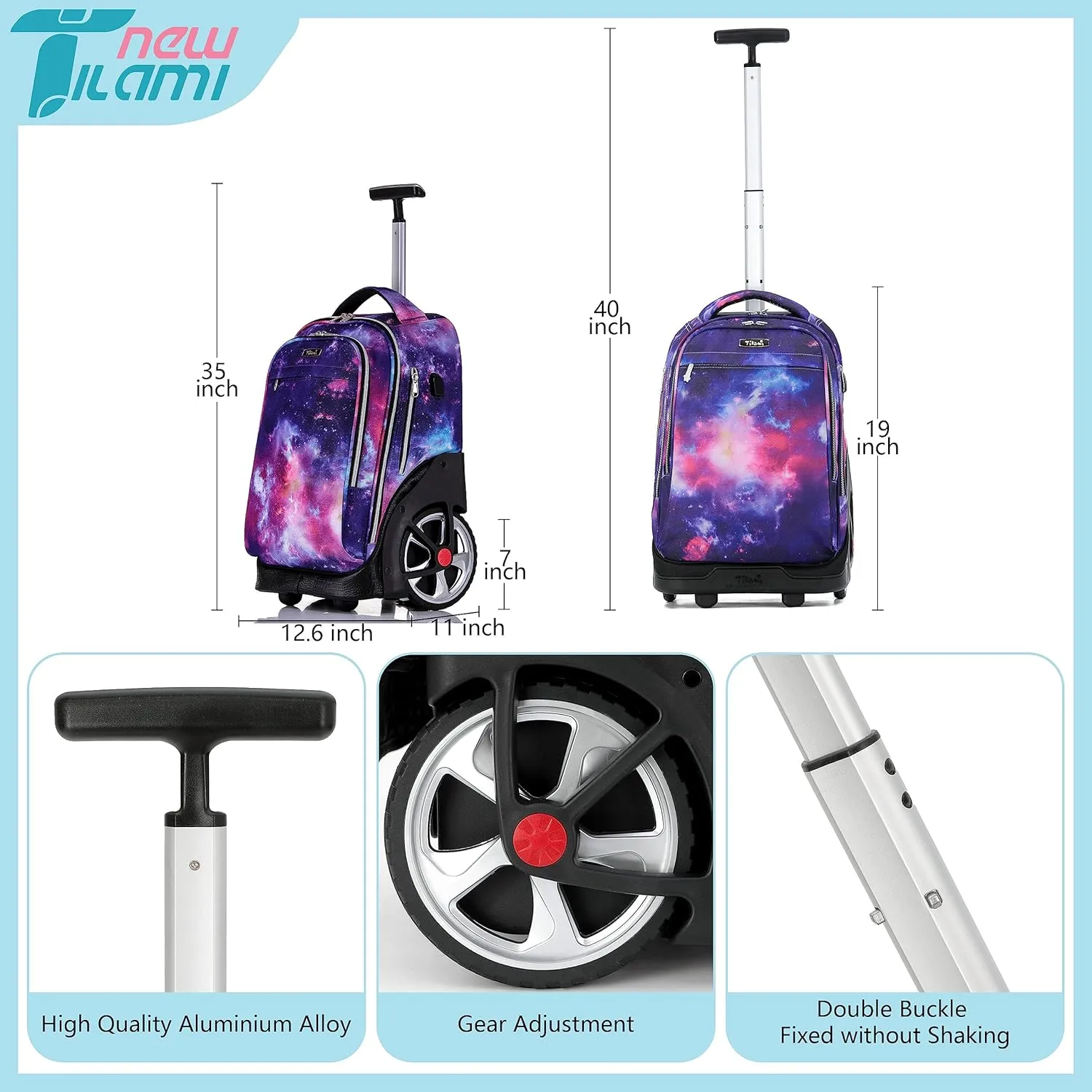 NEW TILAMI Rolling Backpack 19 inch Teens Rolling Backpack Cute Wheeled Computer Laptop Backpack Bookbag Roller Travel Bag College, Starry Purple