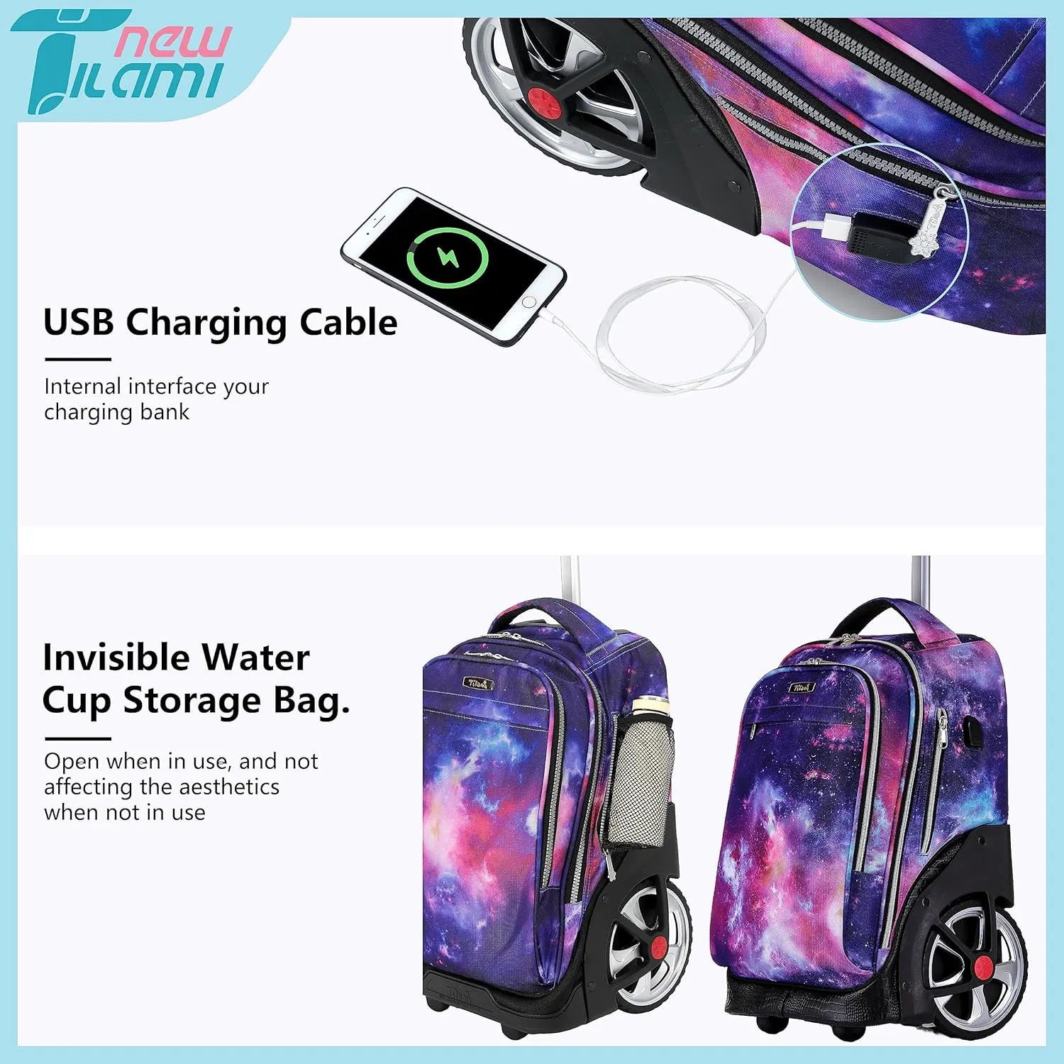 NEW TILAMI Rolling Backpack 19 inch Teens Rolling Backpack Cute Wheeled Computer Laptop Backpack Bookbag Roller Travel Bag College, Starry Purple