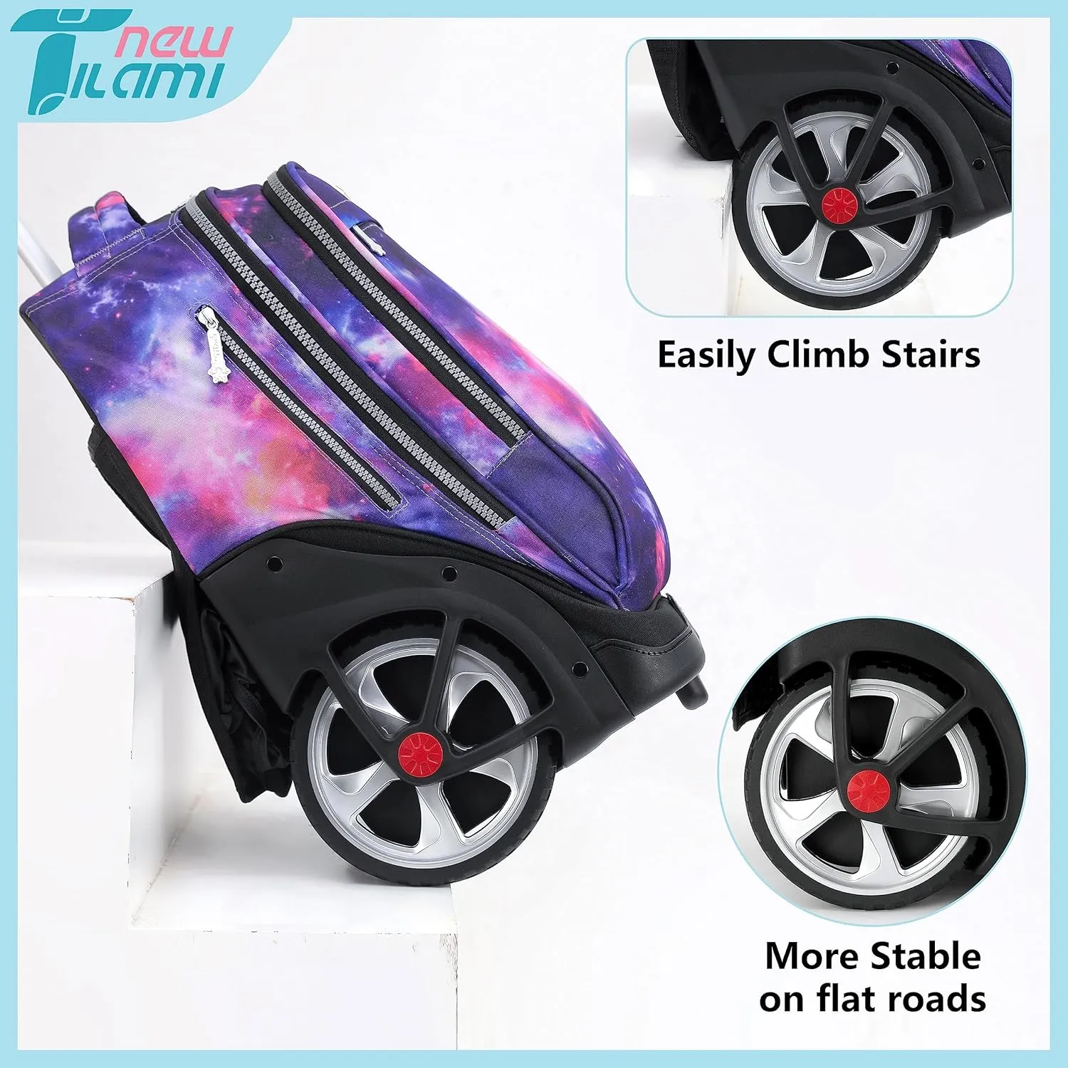 NEW TILAMI Rolling Backpack 19 inch Teens Rolling Backpack Cute Wheeled Computer Laptop Backpack Bookbag Roller Travel Bag College, Starry Purple