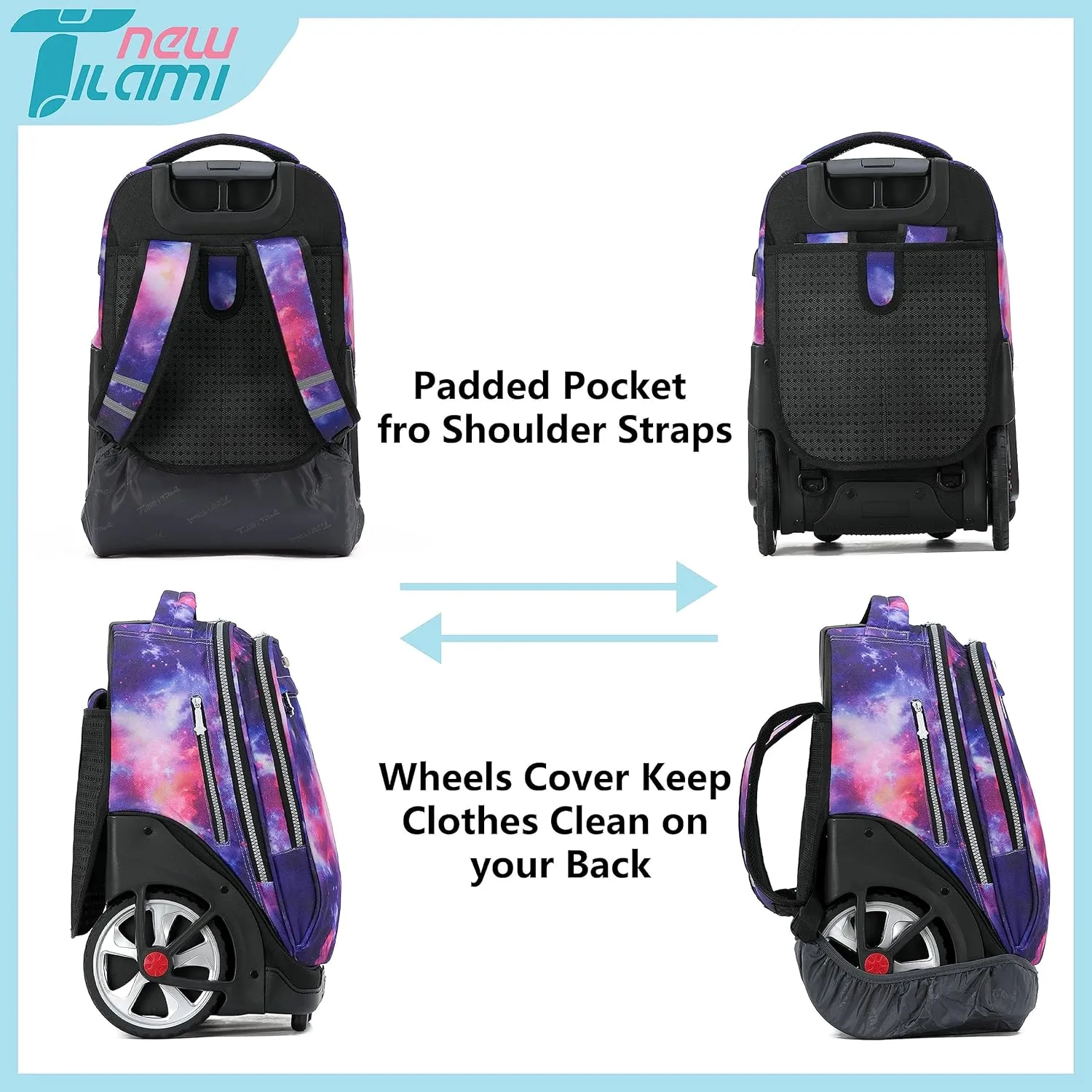 NEW TILAMI Rolling Backpack 19 inch Teens Rolling Backpack Cute Wheeled Computer Laptop Backpack Bookbag Roller Travel Bag College, Starry Purple