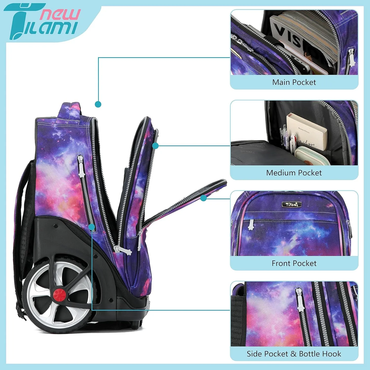 NEW TILAMI Rolling Backpack 19 inch Teens Rolling Backpack Cute Wheeled Computer Laptop Backpack Bookbag Roller Travel Bag College, Starry Purple