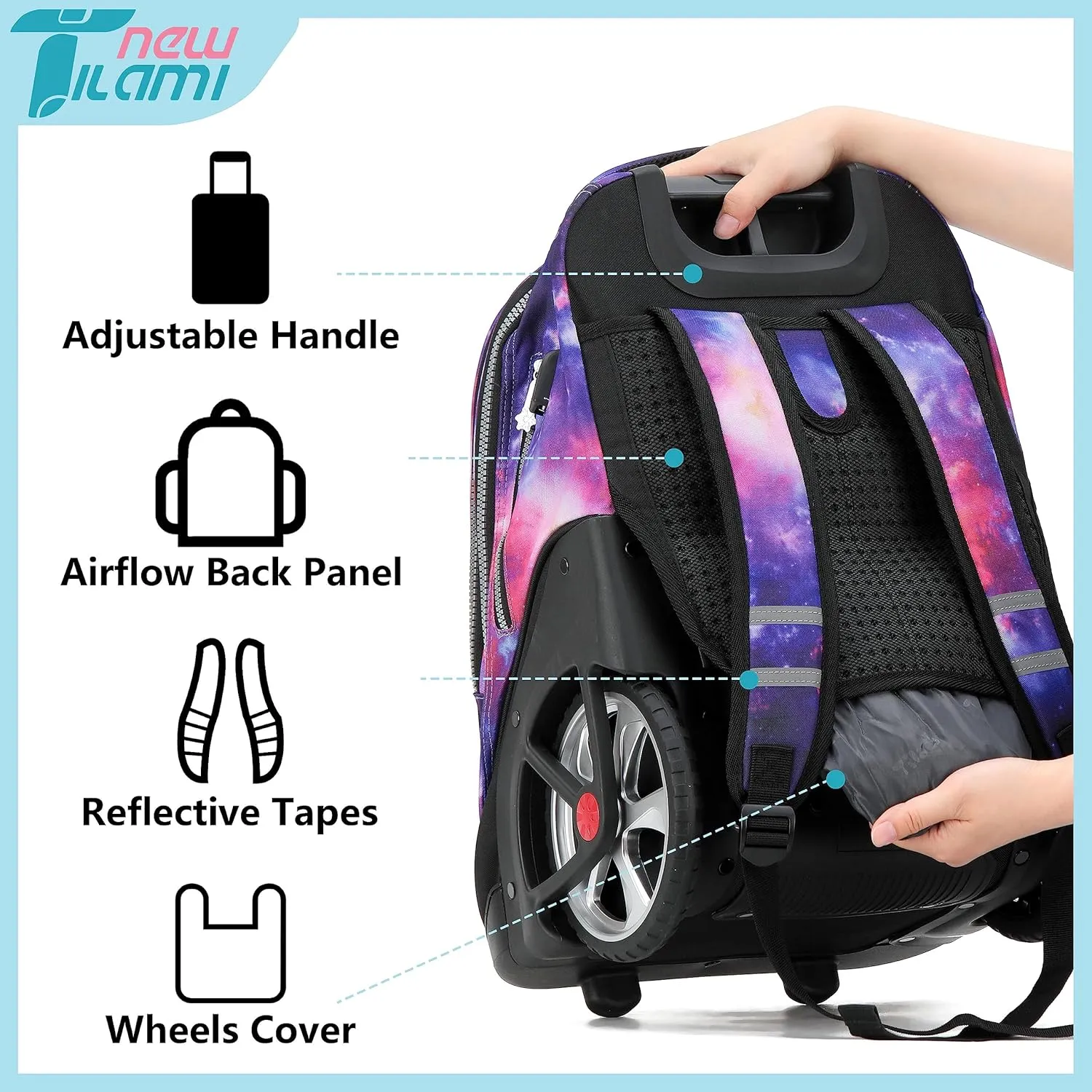 NEW TILAMI Rolling Backpack 19 inch Teens Rolling Backpack Cute Wheeled Computer Laptop Backpack Bookbag Roller Travel Bag College, Starry Purple