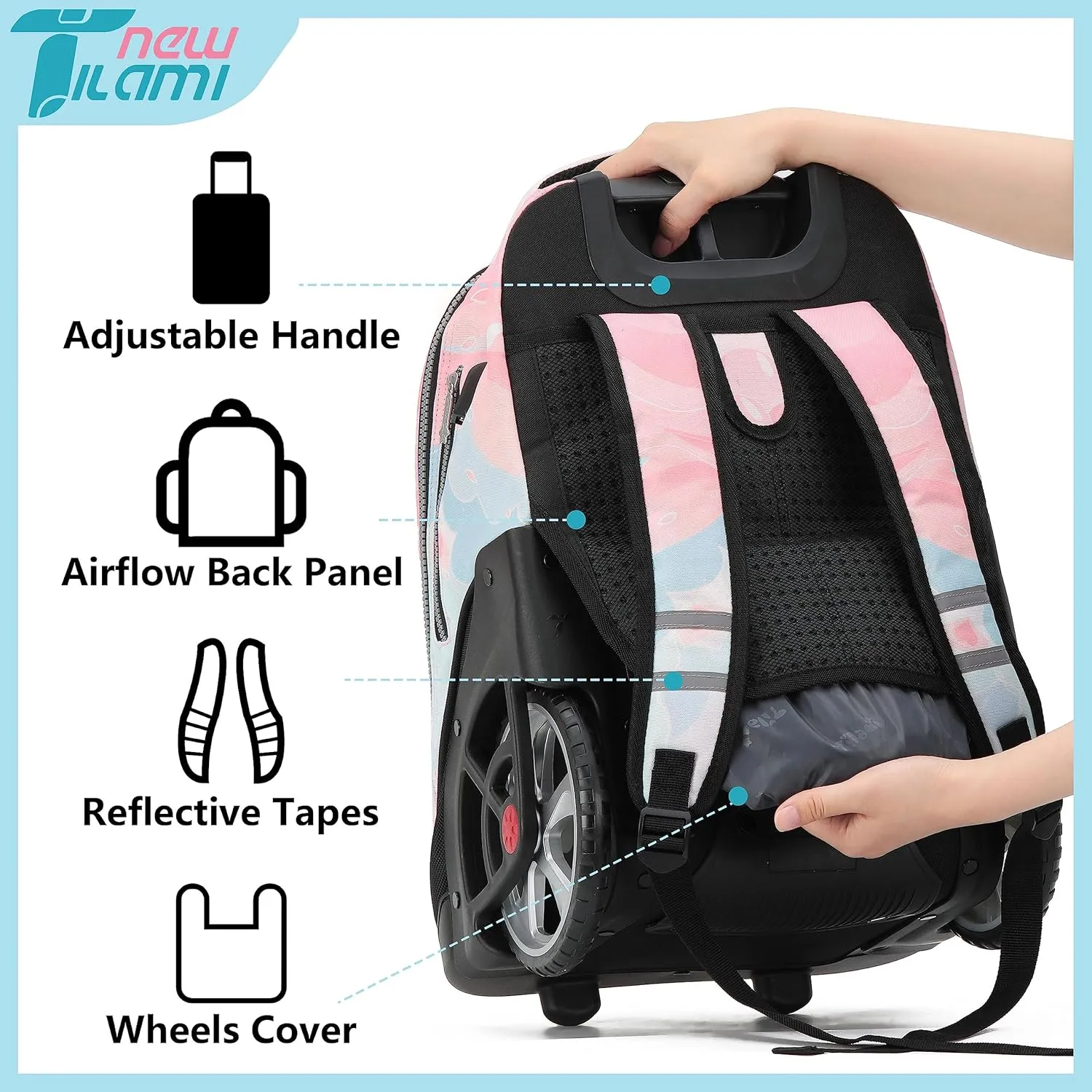 NEW TILAMI Rolling Backpack 19 inch Teens Rolling Backpack Cute Wheeled Computer Laptop Backpack Bookbag Roller Travel Bag College,Pink