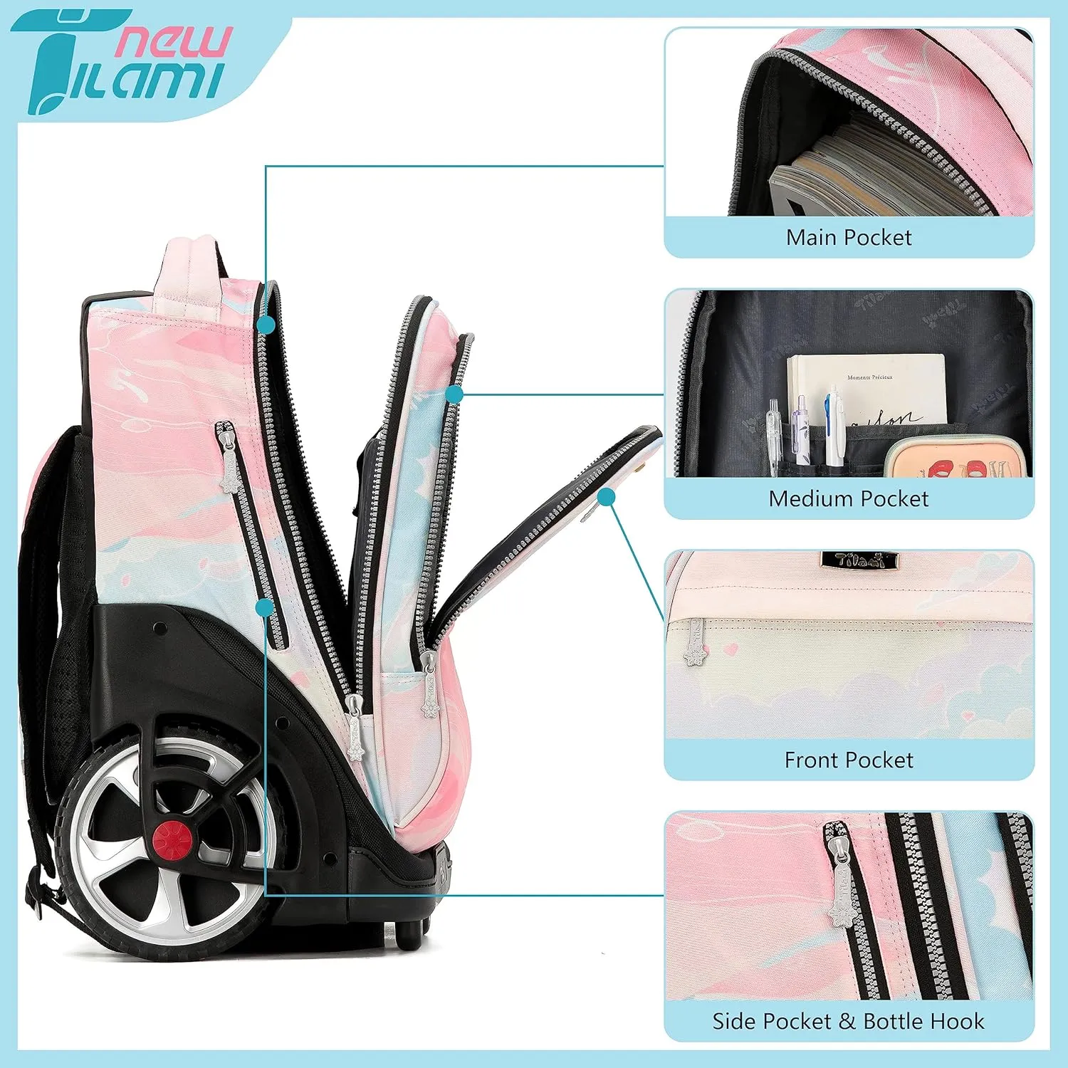NEW TILAMI Rolling Backpack 19 inch Teens Rolling Backpack Cute Wheeled Computer Laptop Backpack Bookbag Roller Travel Bag College,Pink