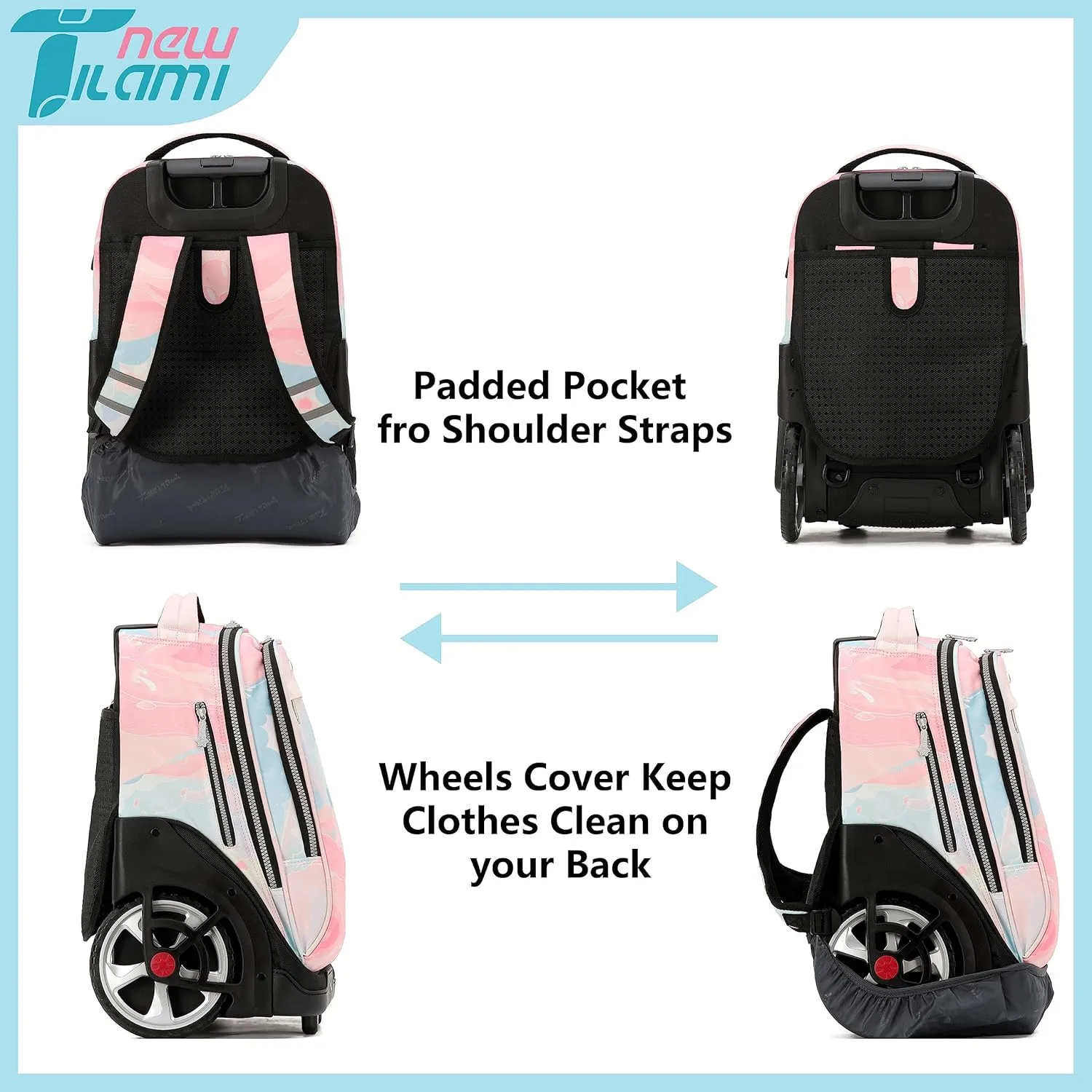 NEW TILAMI Rolling Backpack 19 inch Teens Rolling Backpack Cute Wheeled Computer Laptop Backpack Bookbag Roller Travel Bag College,Pink