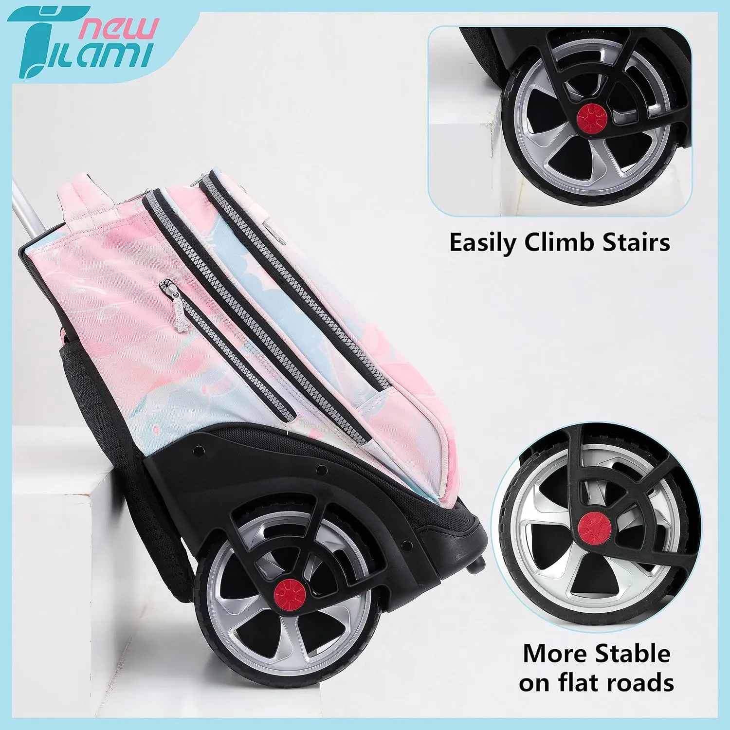 NEW TILAMI Rolling Backpack 19 inch Teens Rolling Backpack Cute Wheeled Computer Laptop Backpack Bookbag Roller Travel Bag College,Pink