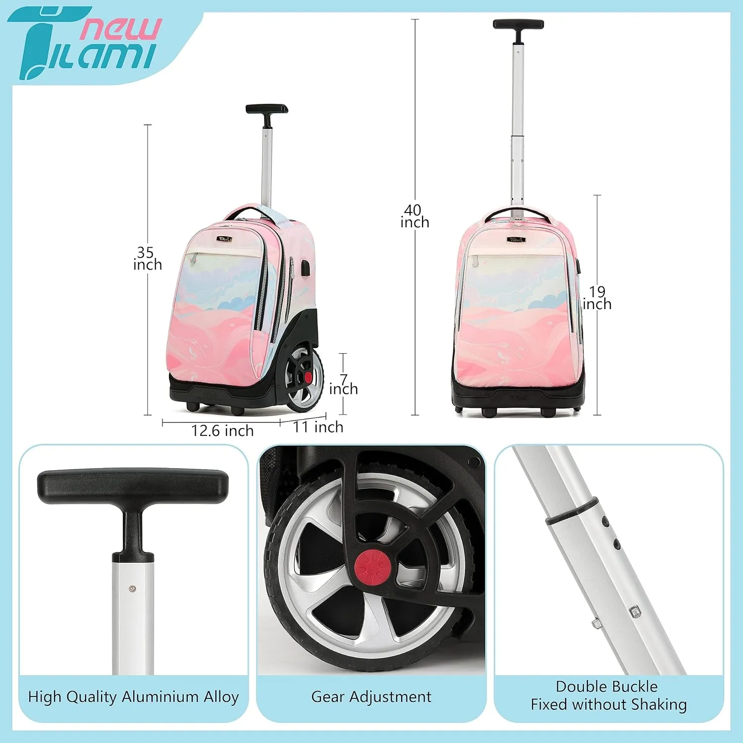 NEW TILAMI Rolling Backpack 19 inch Teens Rolling Backpack Cute Wheeled Computer Laptop Backpack Bookbag Roller Travel Bag College,Pink